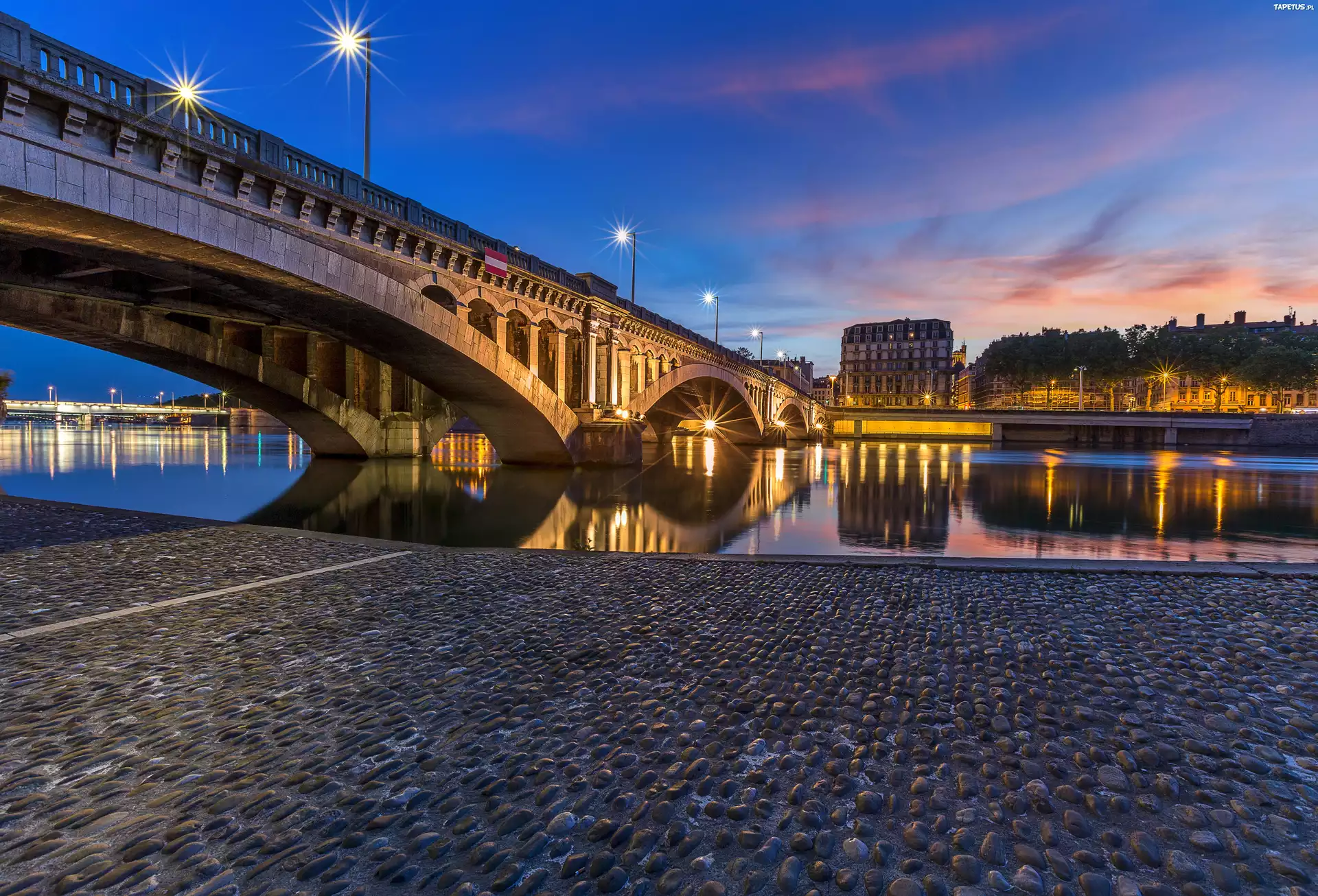 Lyon, Francja, Most, Rzeka, Noc