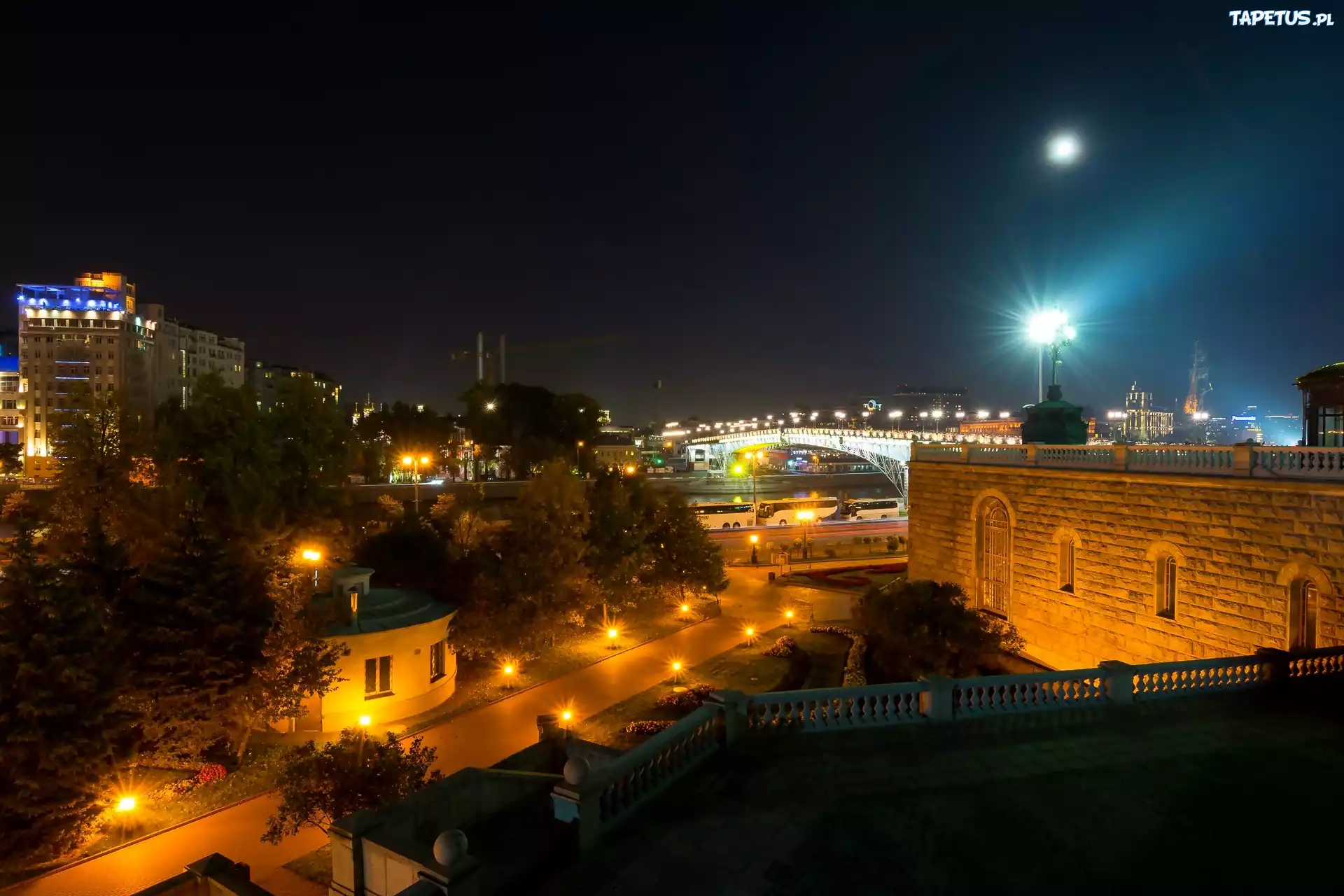 Miasto, Nocą, Moskwa, Latarnie, Ulica, Budynki