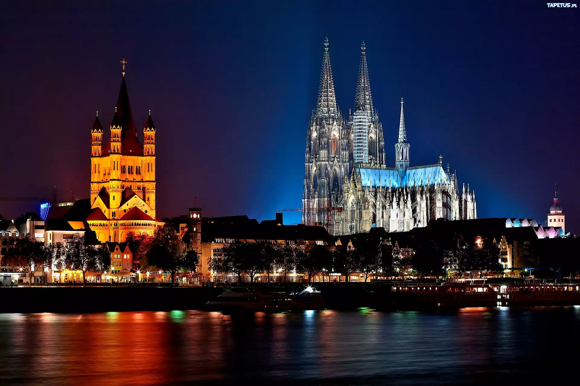 Rzeka, Ren, Katedra, Nocna, Panorama, Kolonii, Kościół