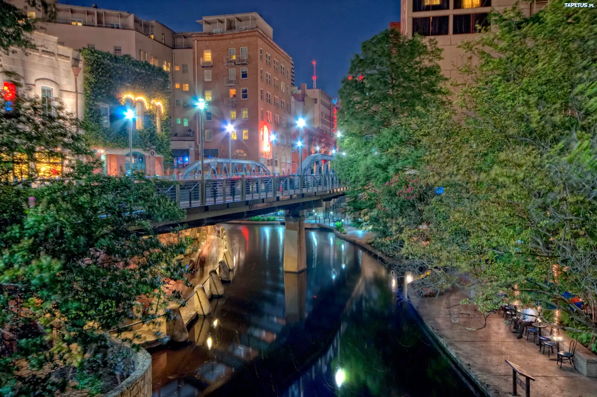 San Antonio, USA, Miasto, Noc, Most, Rzeka