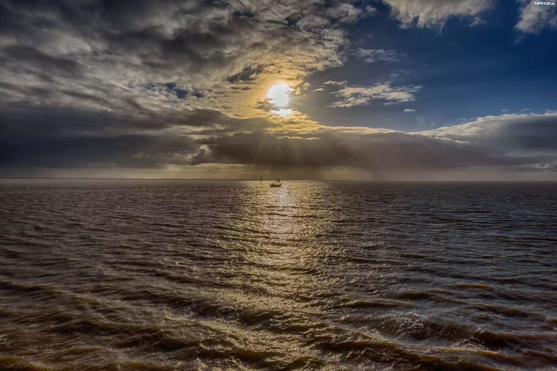Ocean, Fale, Słońce, Statek