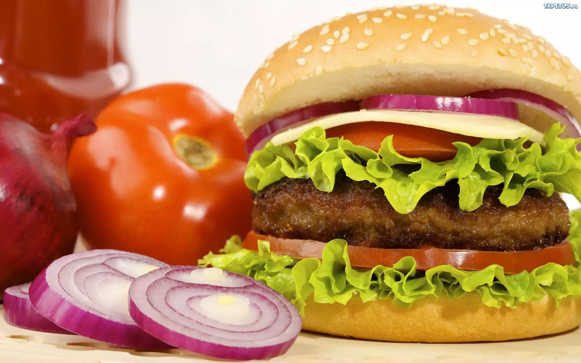Burger, Fast, Food, Pomidorek, Cebulka, Sałata
