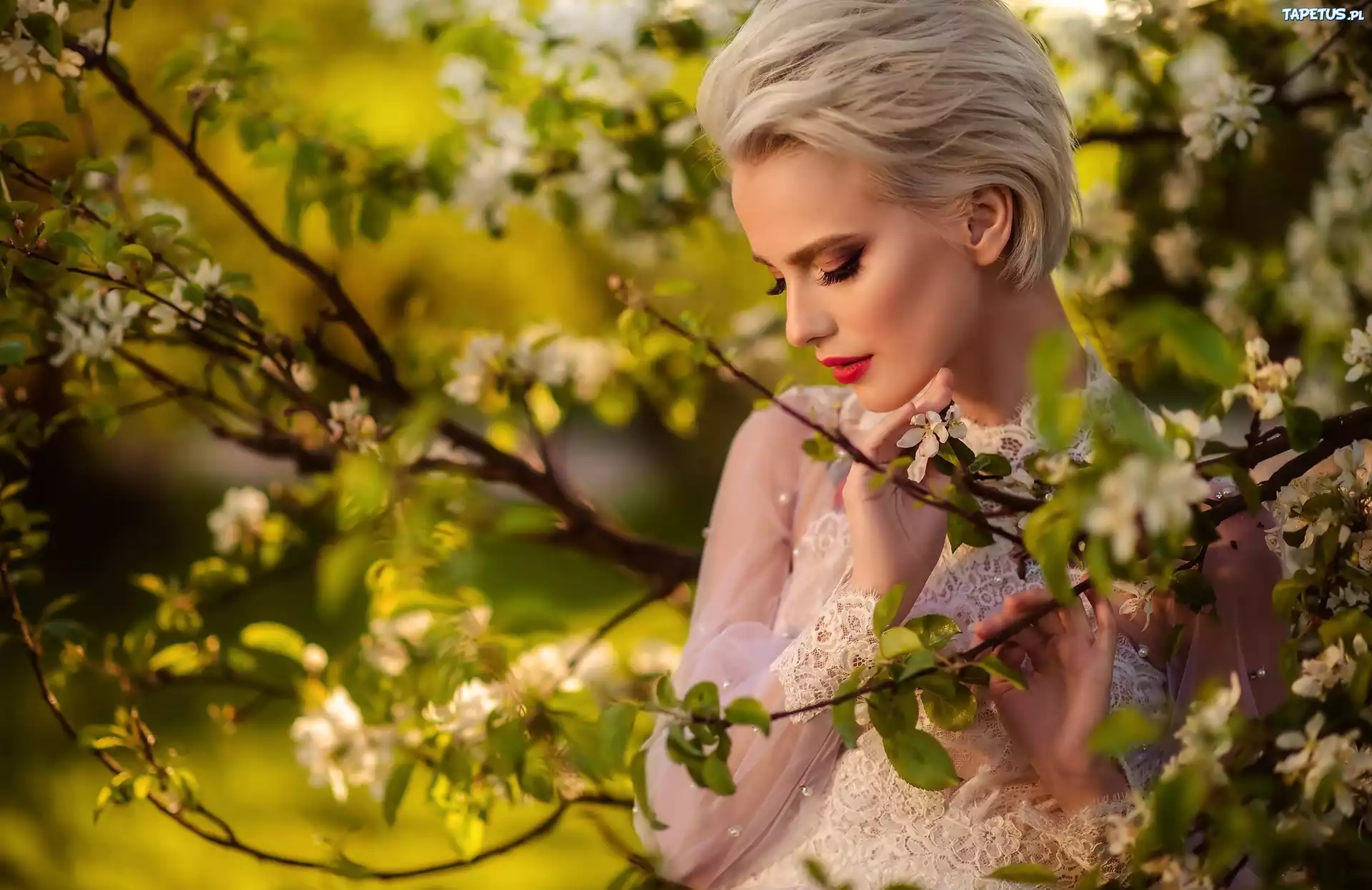 Blondynka, Modelka, Kwitnące, Drzewa, Rzeka, Park, Wiosna