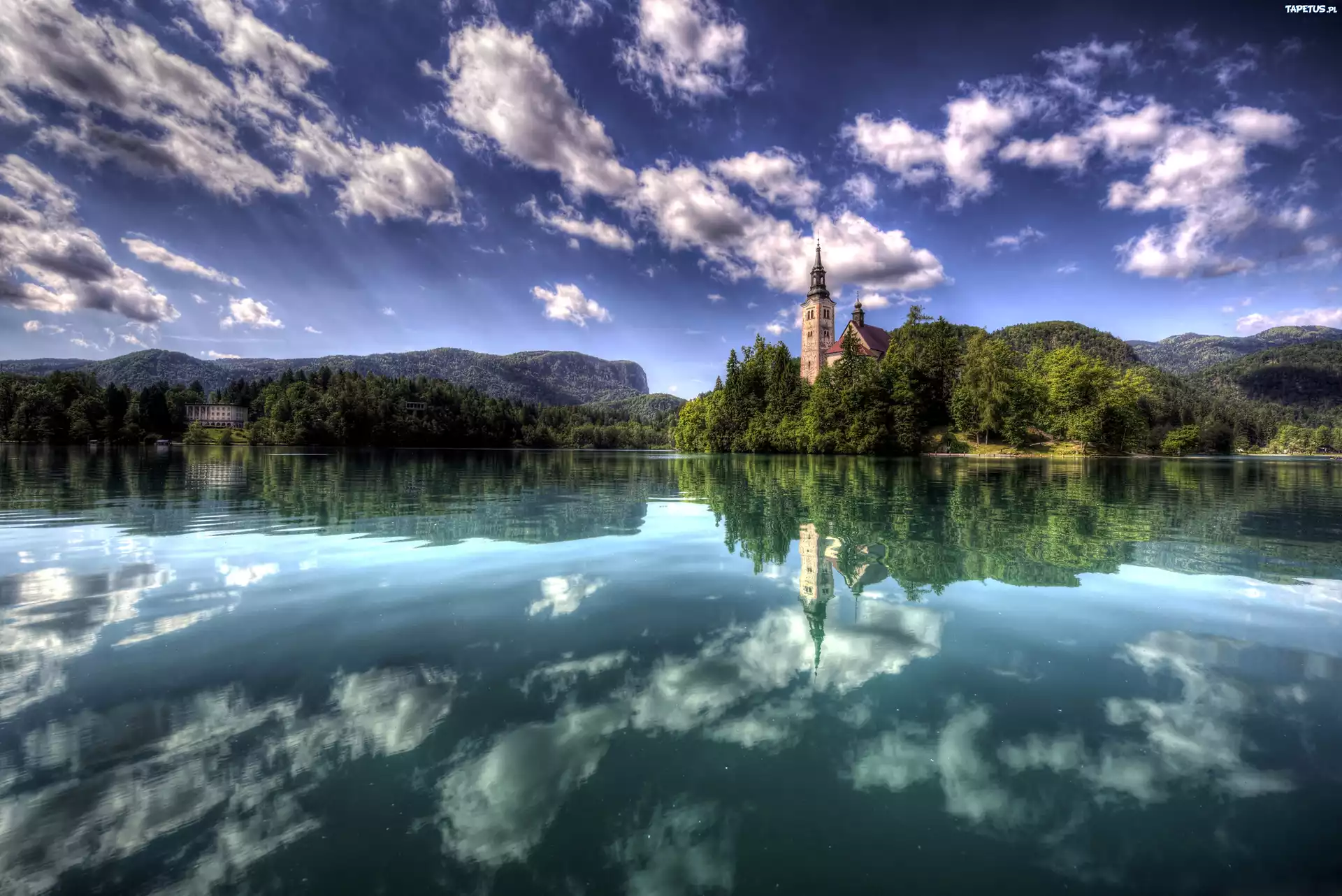 Wyspa, Na Jeziorze, Bled, Kościół, Obłoki, Słowenia