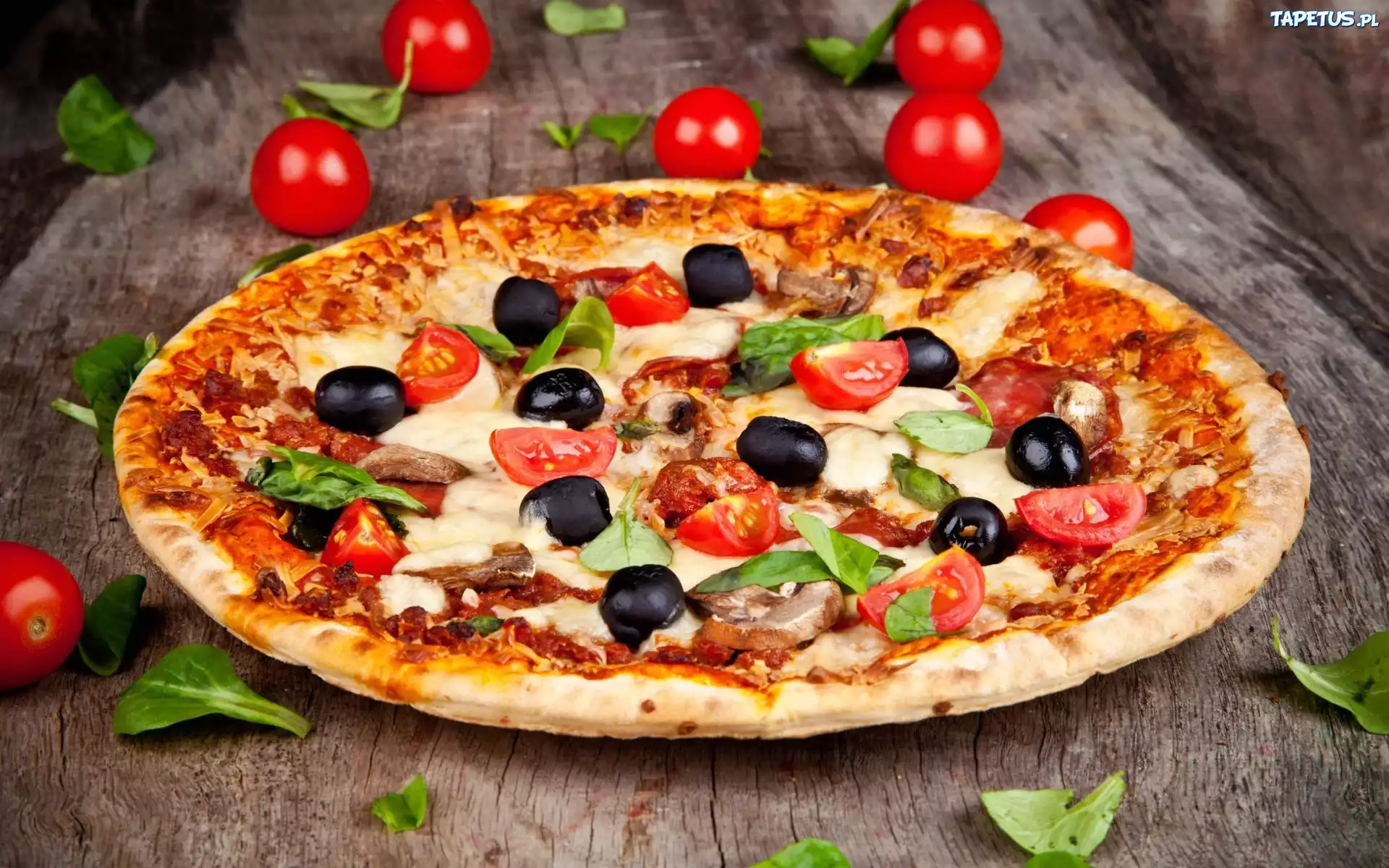 Stół, Pizza, Oliwki, Pomidorki, Listki, Oregano