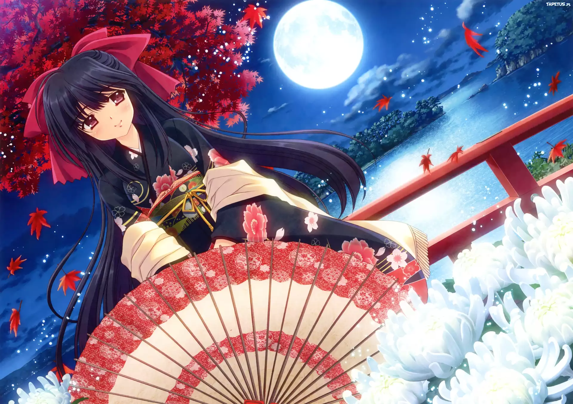 Dziewczyna, Parasol, Kwiaty, Drzewo, Wyspa, Noc, Księżyc, Manga, Anime