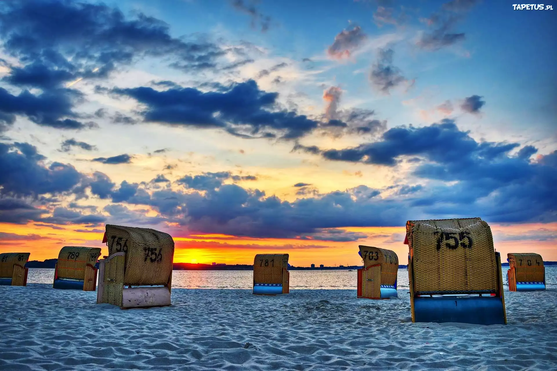 Zachód, Słońca, Plaża, Kosze
