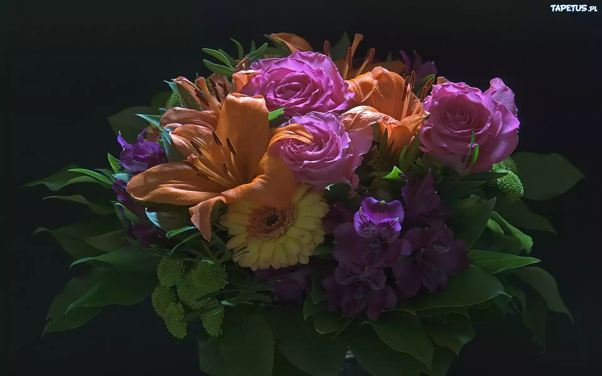 Bukiet, Kwiaty, Gerbera, Róże, Lilie