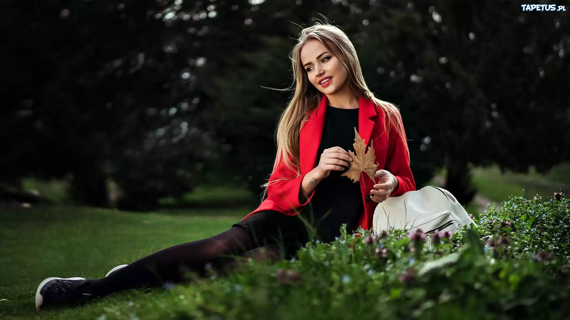 Uśmiechnięta, Blondynka, Modelka, Liść, Park, Drzewa