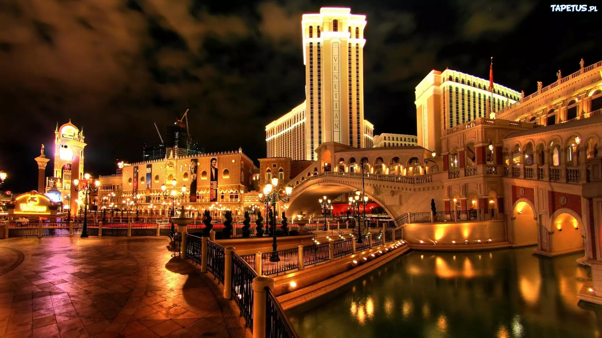 Miasto, Noc, Oświetlone, Hotel, Venetian, Ameryka północna, Las Vegas