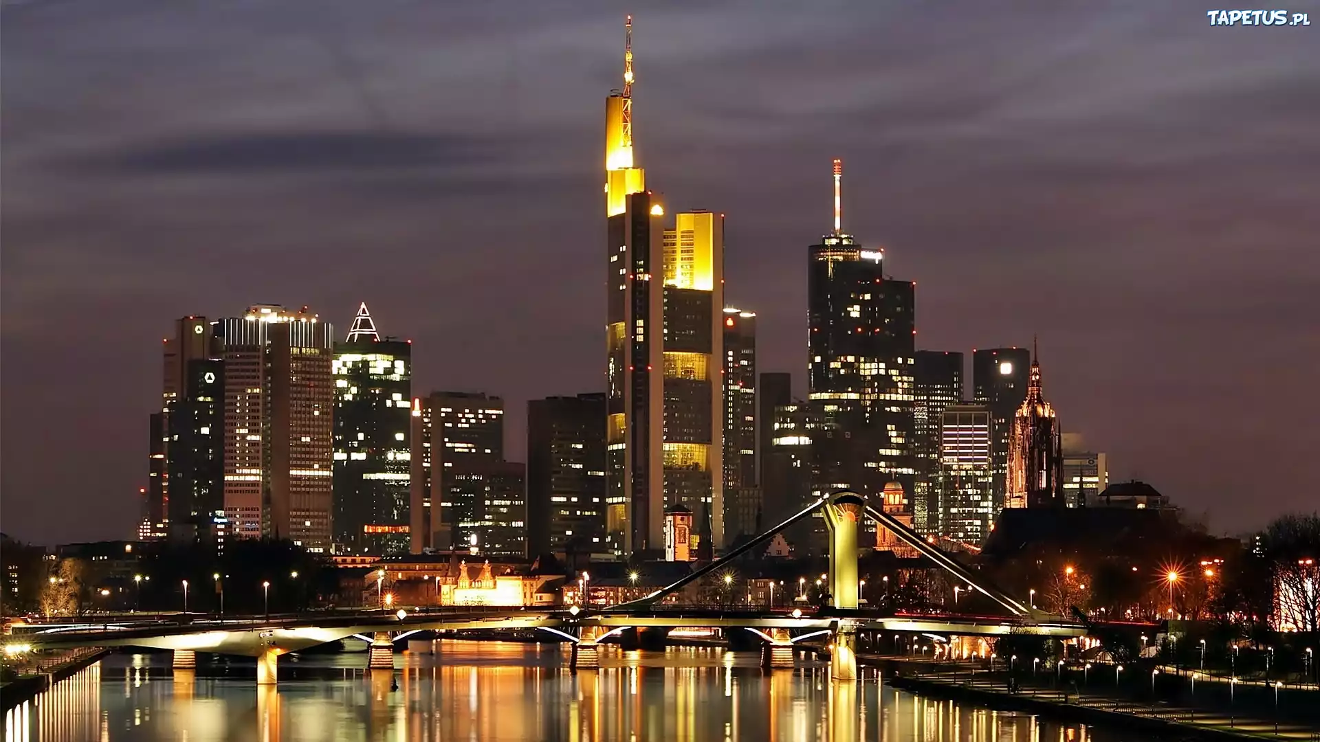 Drapacze, Chmur, Rzeka, Most, Frankfurt, Nad Menem, Nocą