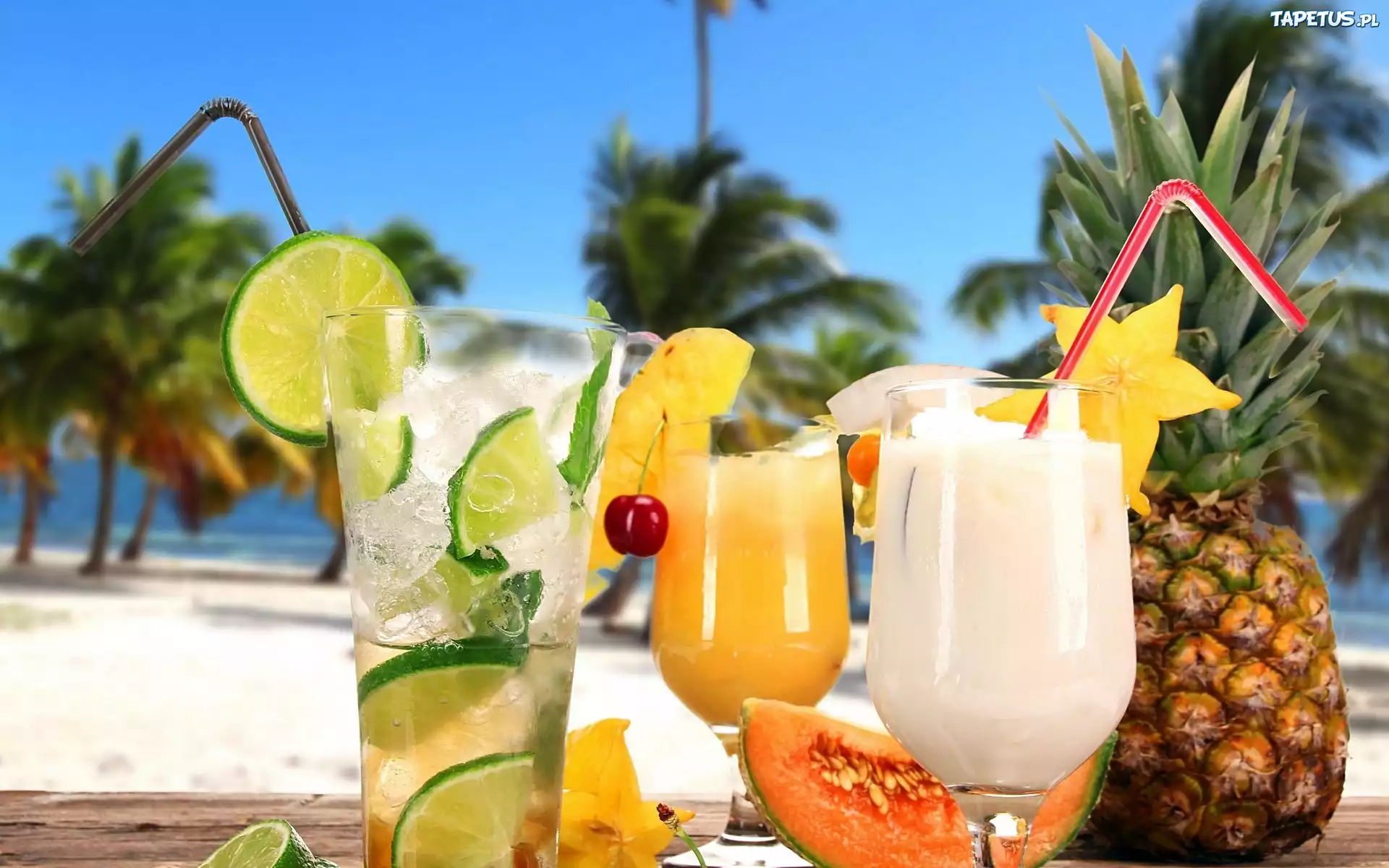 Tropikalne, Drinki, Plaża, Palmy, Lato