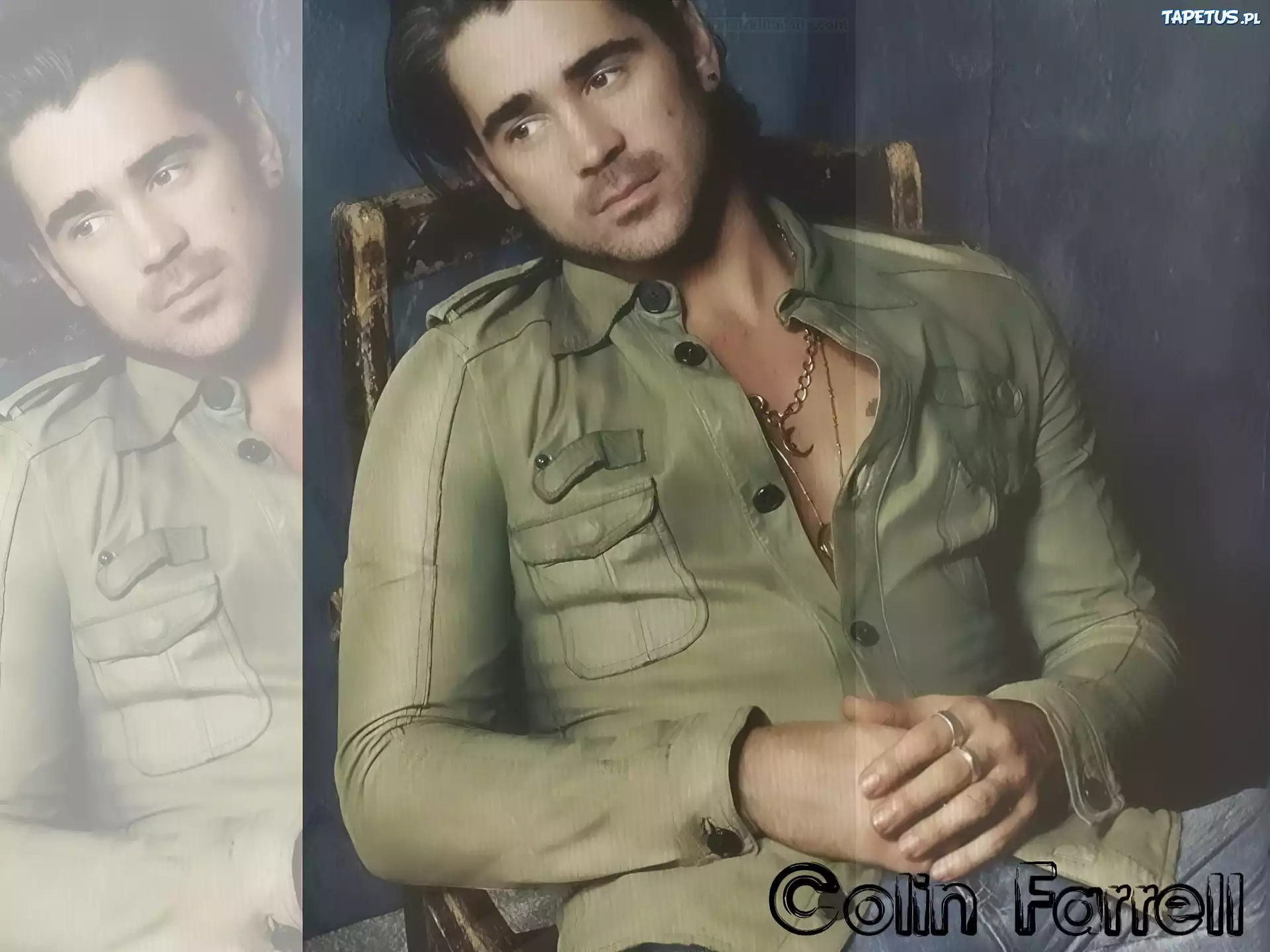 Colin Farrell,złoty łańcuch, zielona koszula