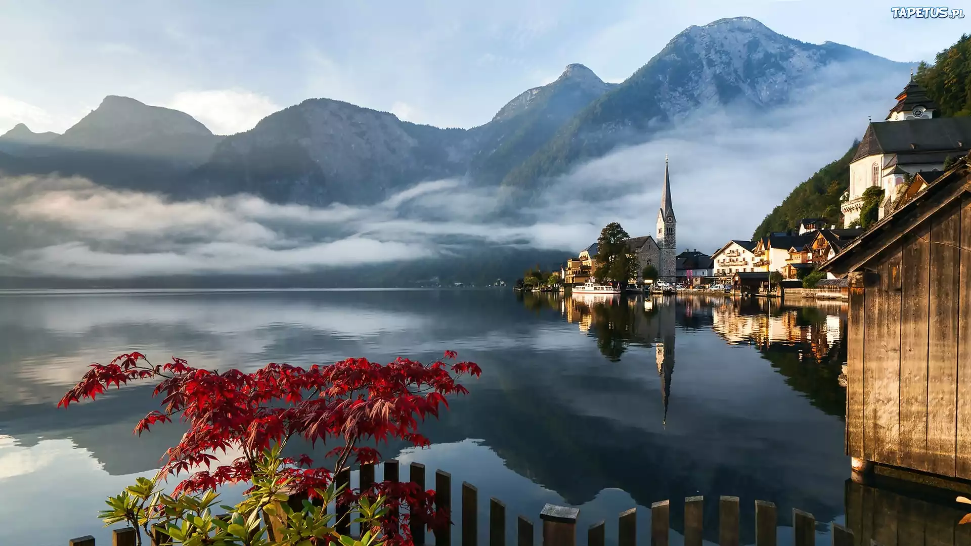 Jezioro, Alpy, Mgła, Domy, Hallstatt, Austria