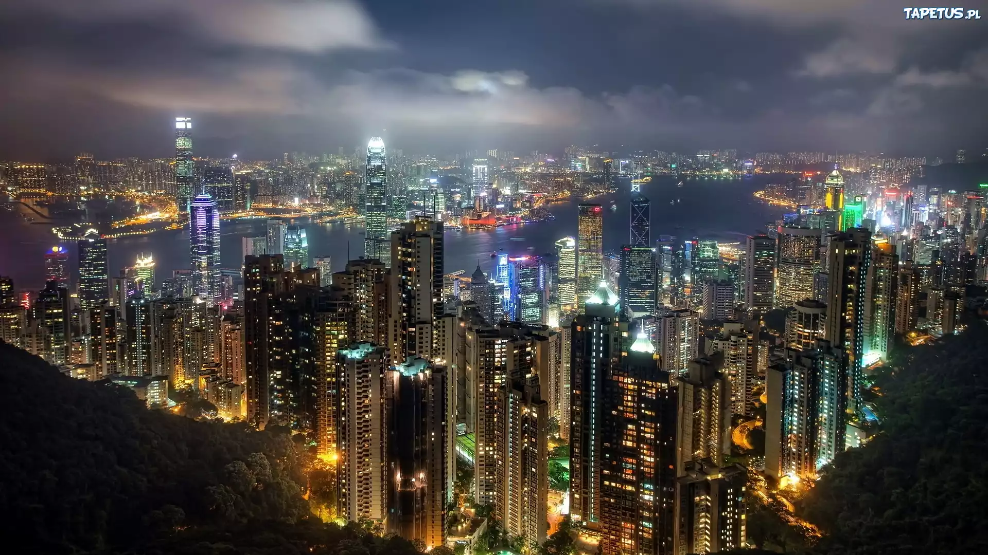Hong Kong, Drapacze, Chmur, Miasto, Nocą