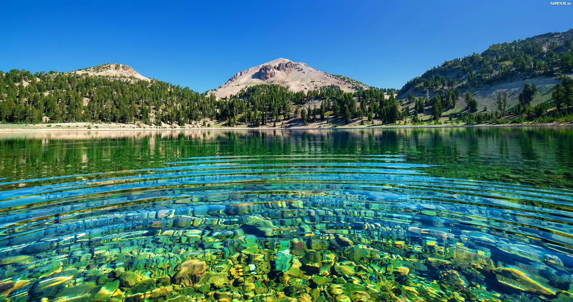 Jezioro, Kamienie, Góry, Drzewa, Park Narodowy, Lassen Volcanic, Kalifornia, USA