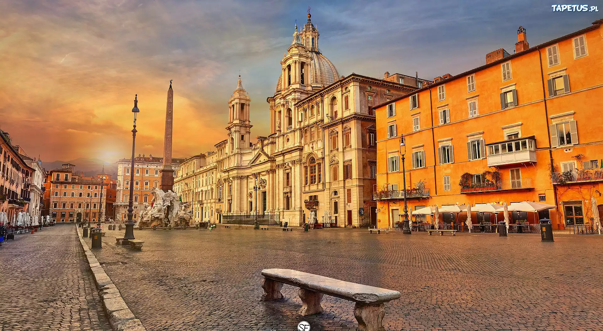 Włochy, Plac Navona, Świątynia, Domy, Obelisk, Agonalis, Lampy, Ławka