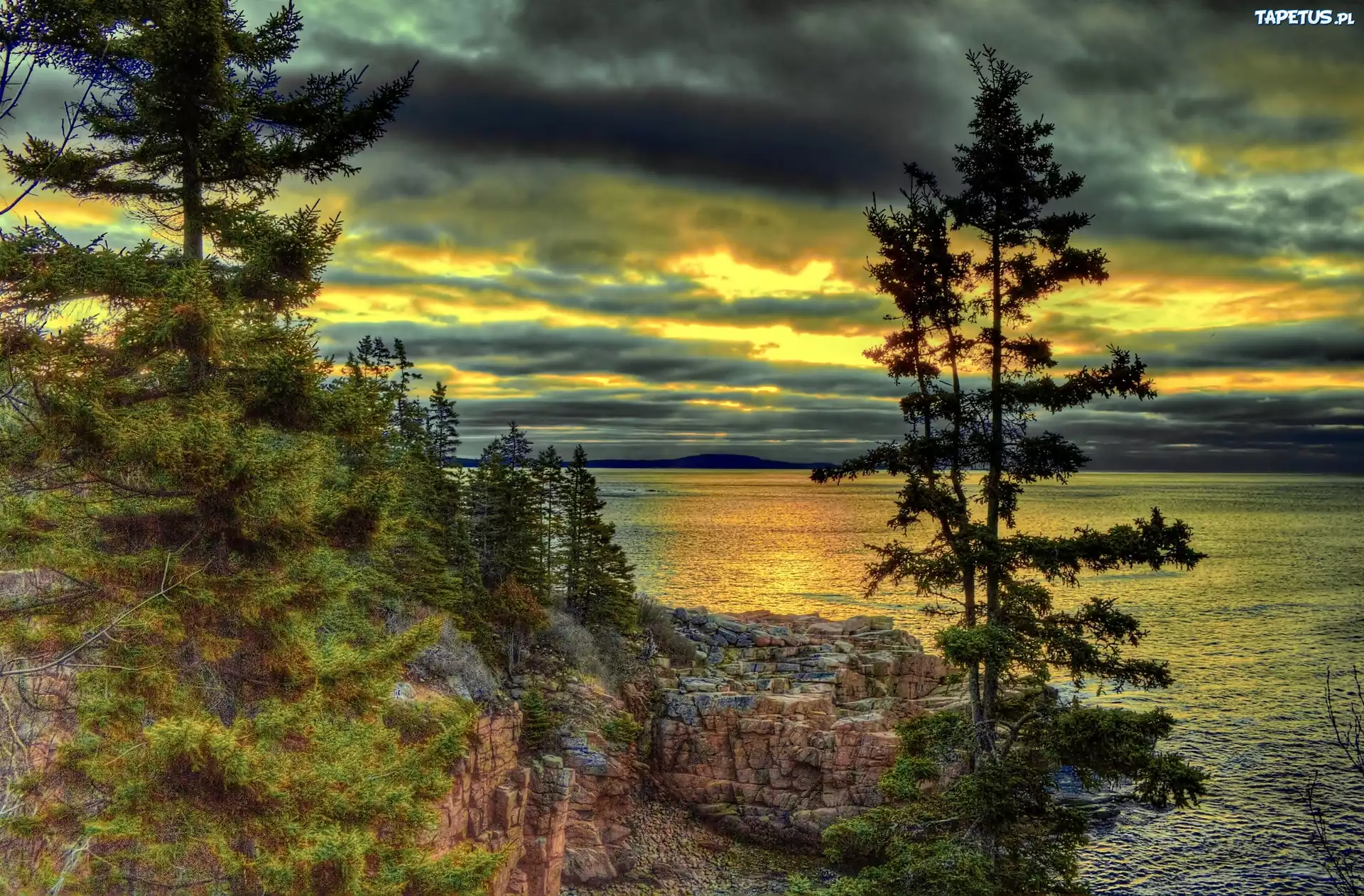 Chmury, Jezioro, Wybrzeże, Drzewa, Norwegia, HDR