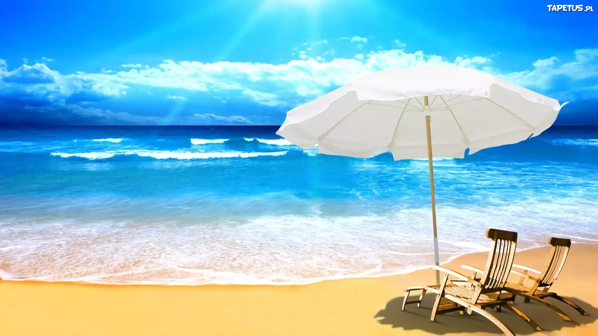 Plaża, Leżaki, Parasol, Morze, Promienie, Słońca, Lato