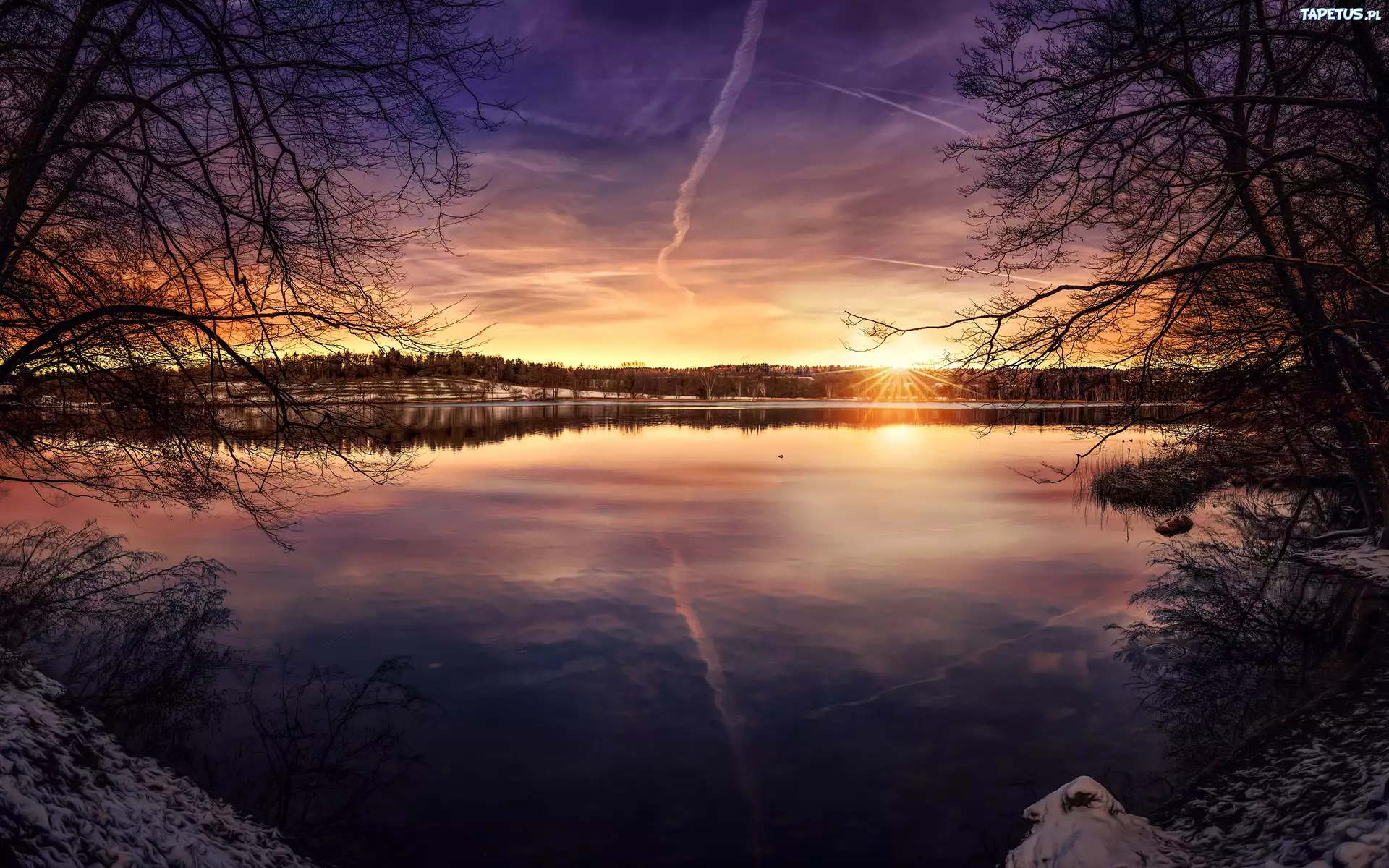 Jezioro, Zachód słońca, Las, Drzewa