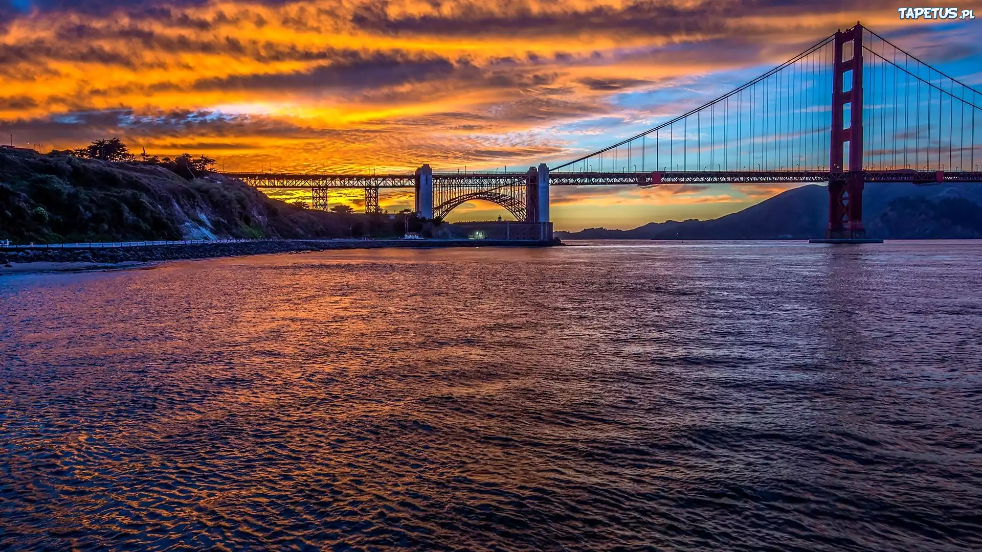 Most, Golden Gate, Zachód Słońca, San Francisco, Rzeka