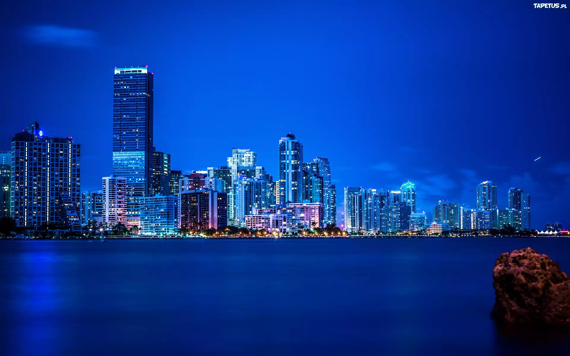 Wiezowce, Ocean, Miami, Floryda, Panorama, Miasta, Noc