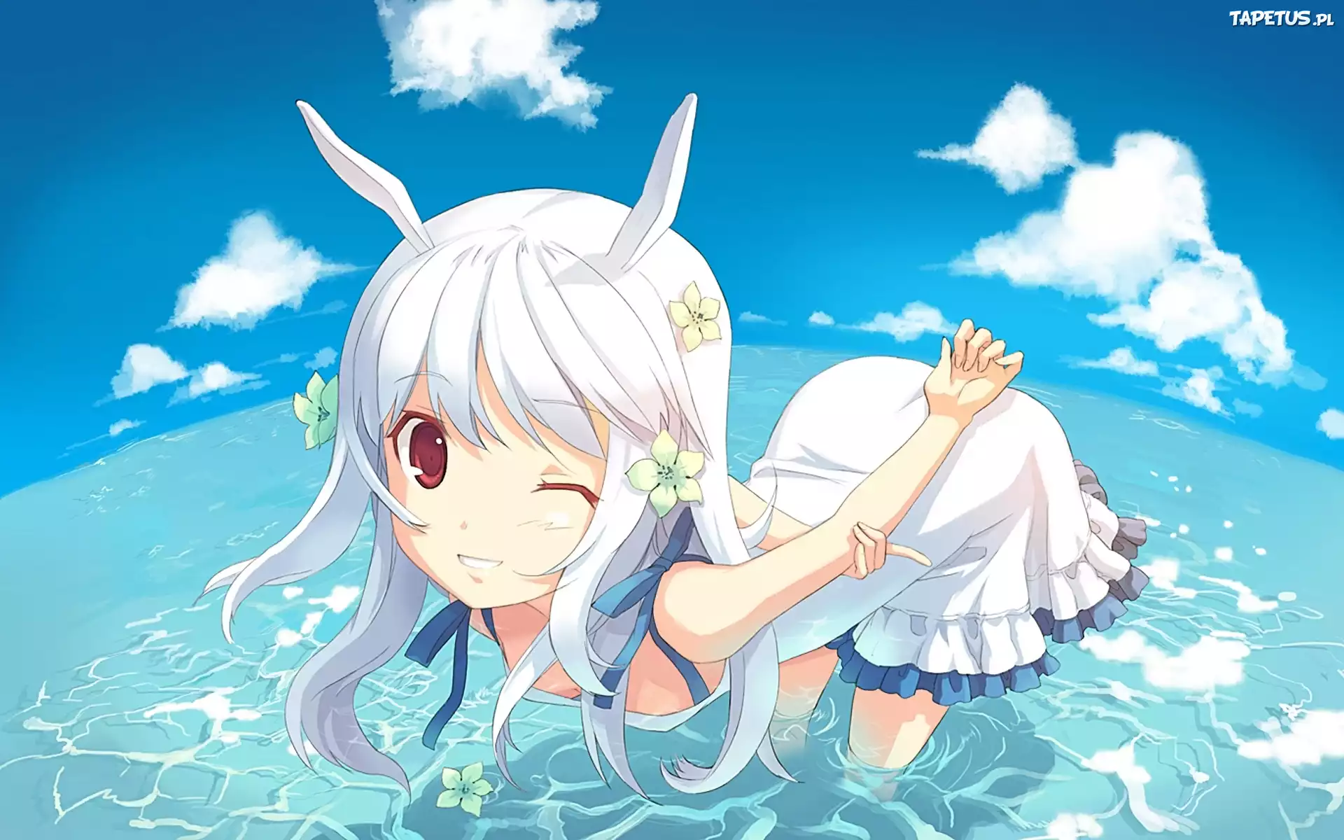 Dziewczyna, Kwiatki, Morze, Niebo, Chmury, Manga, Anime