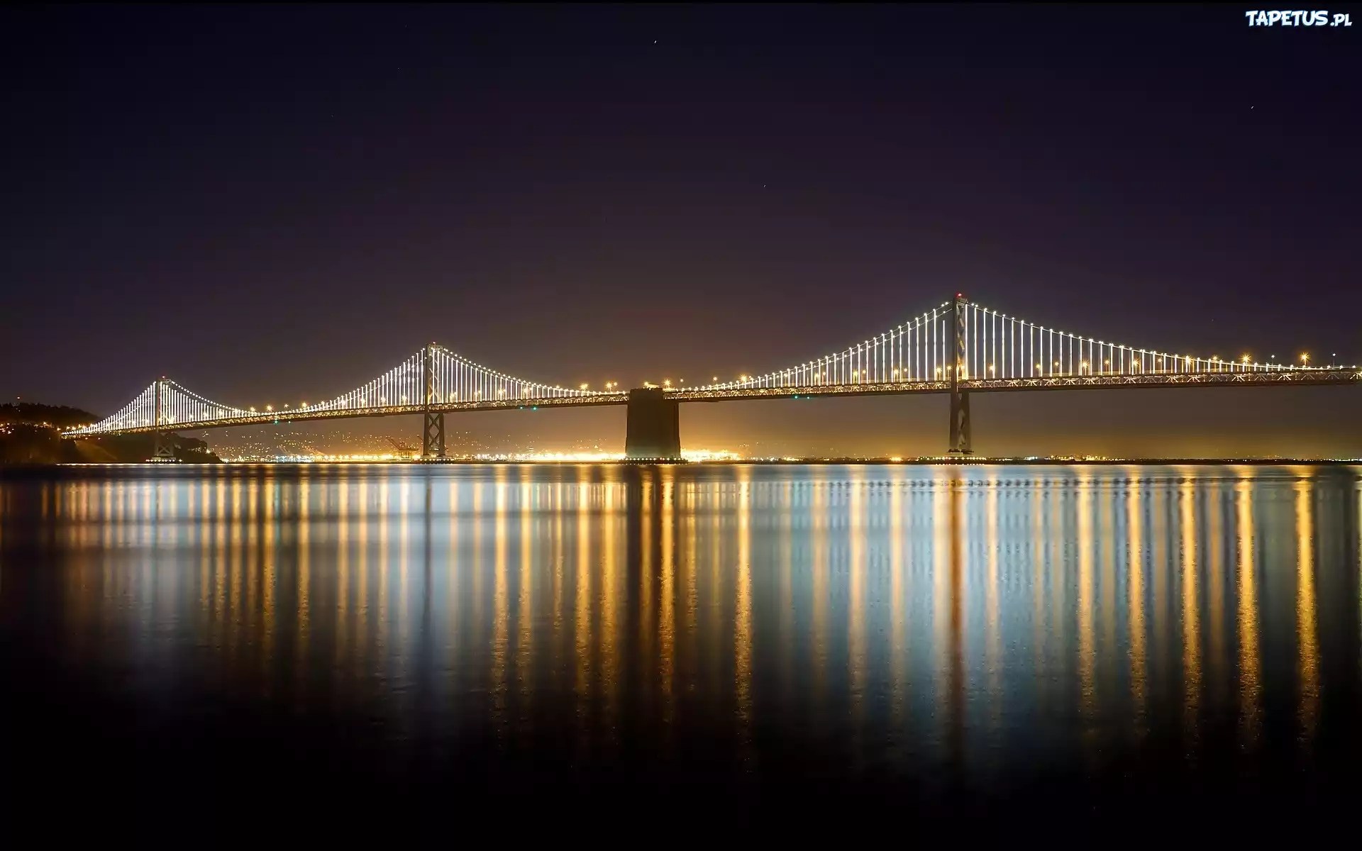 San Francisco, Oświetlony, Wiszący, Most, Noc, Odbicie