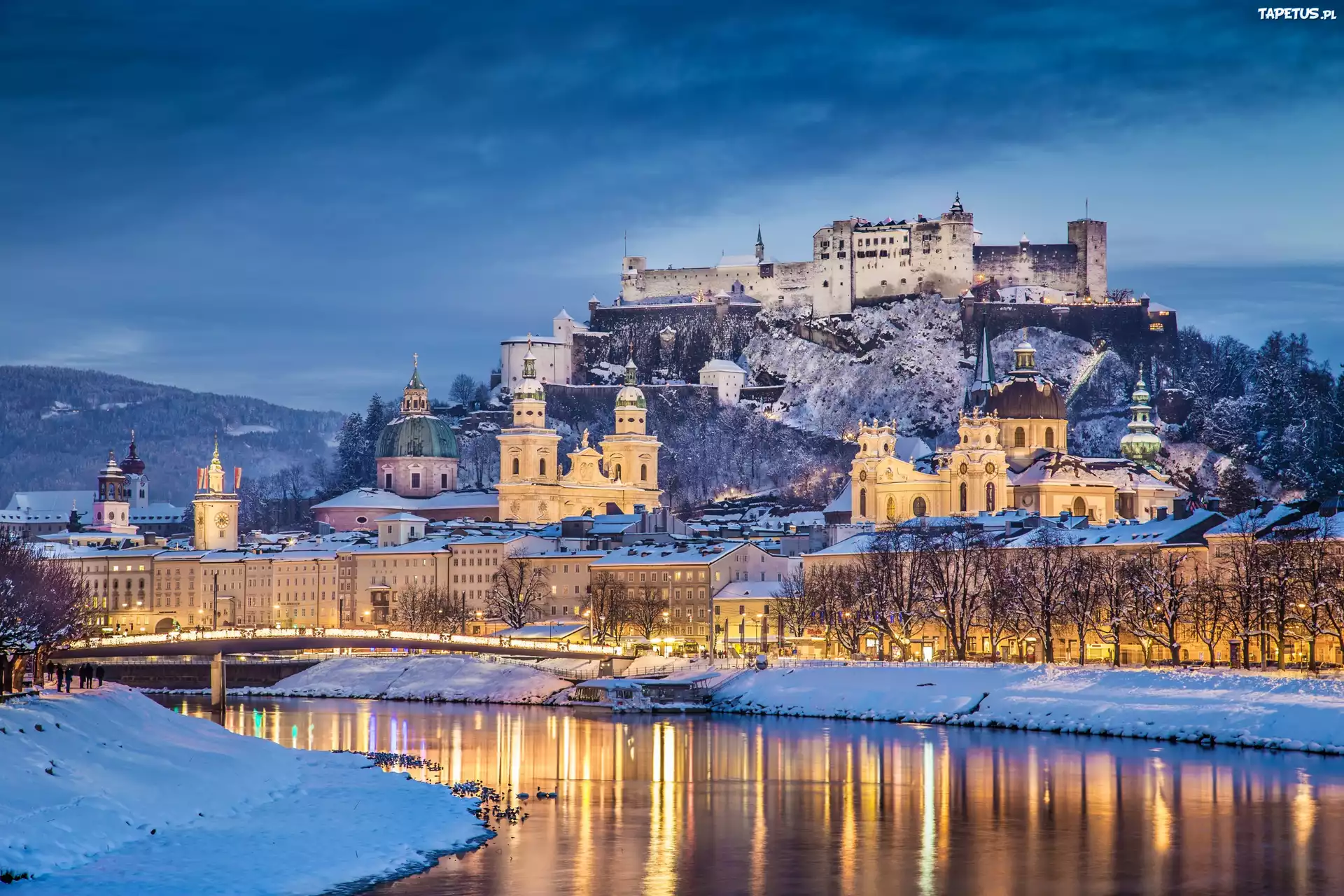 Miasto, Salzburg, Twierdza, Hohensalzburg, Rzeka, Zima