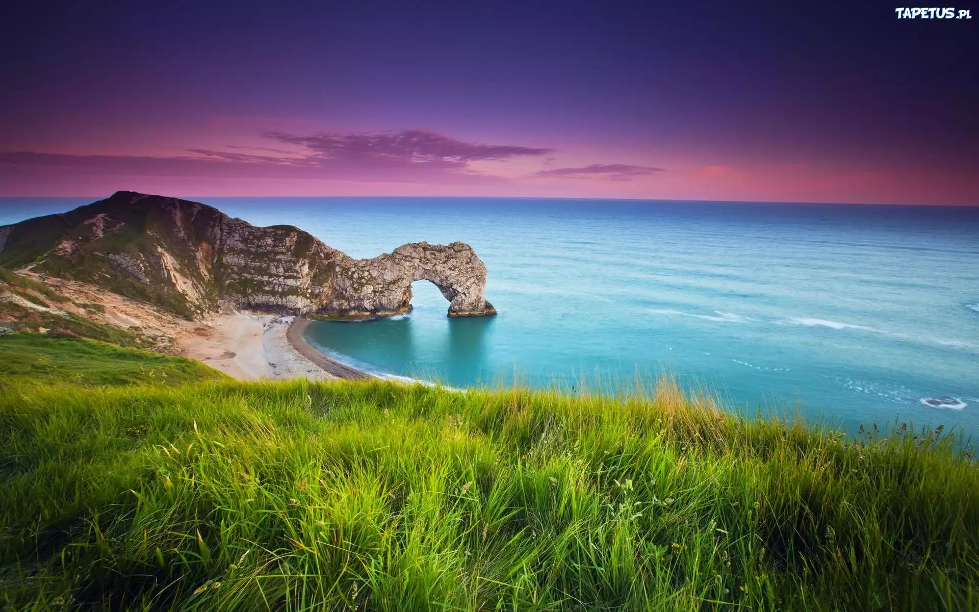 Krajobraz, morze, plaża, wzgórza, trawy