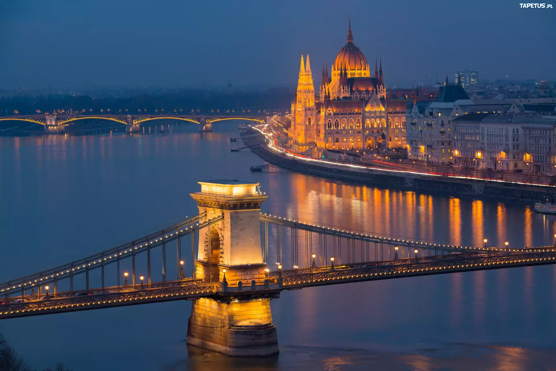 Budapeszt, Dunaj, Most, Łańcuchowy, Parlament, Noc, Węgry