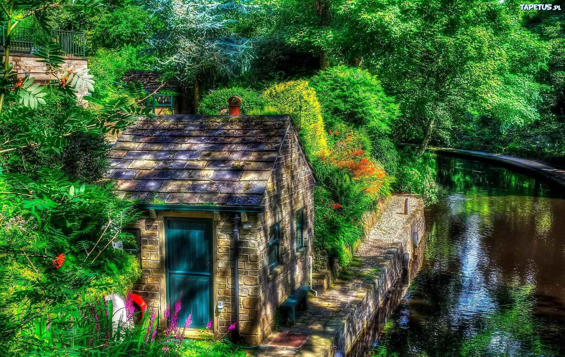 Dom, Rzeczka, Drzewa, Lato, HDR, Anglia
