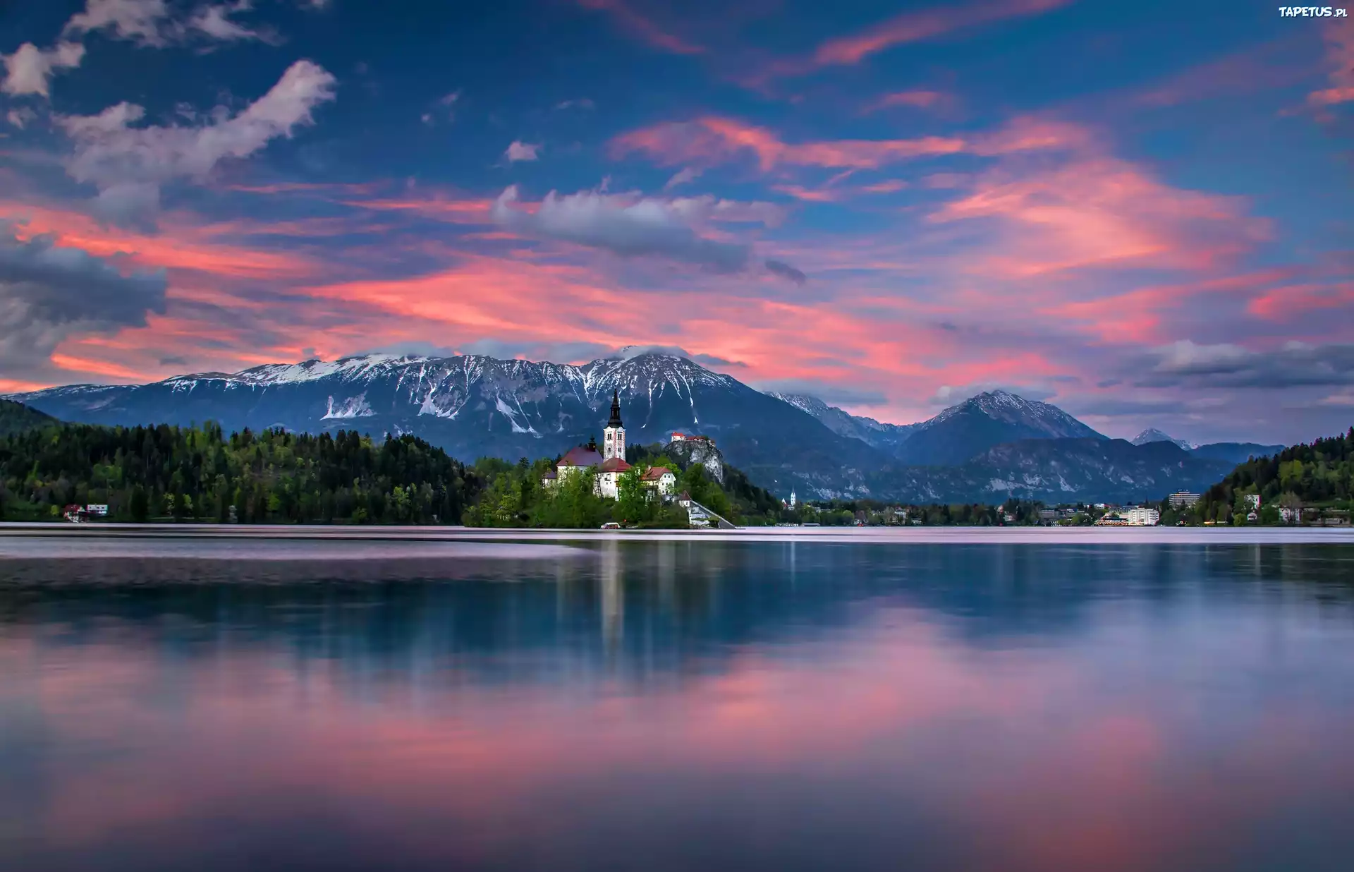 Góry, Jezioro, Bled, Kościół, Świt, Słowenia