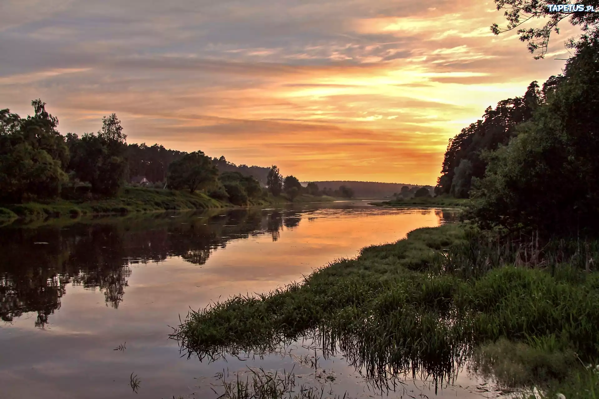 Rzeka, Zachód, Słońca, Drzewa