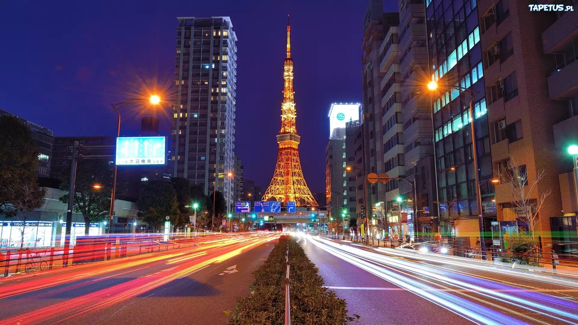 Japonia, Tokio, Tower, Wieża, Drapacze Chmur, Ulica, Noc