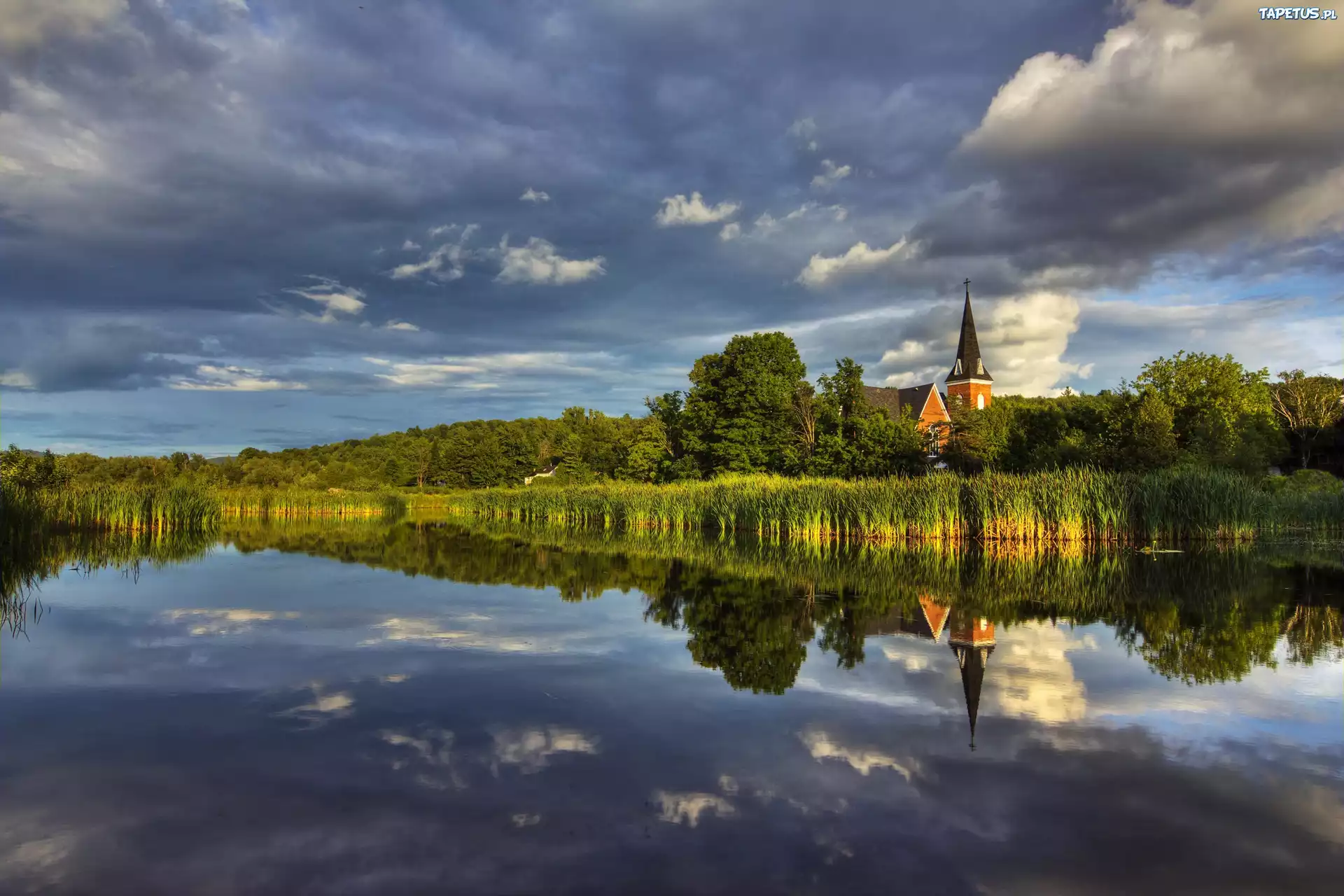 Jezioro, Szuwary, Drzewa, Kościół, Odbicie