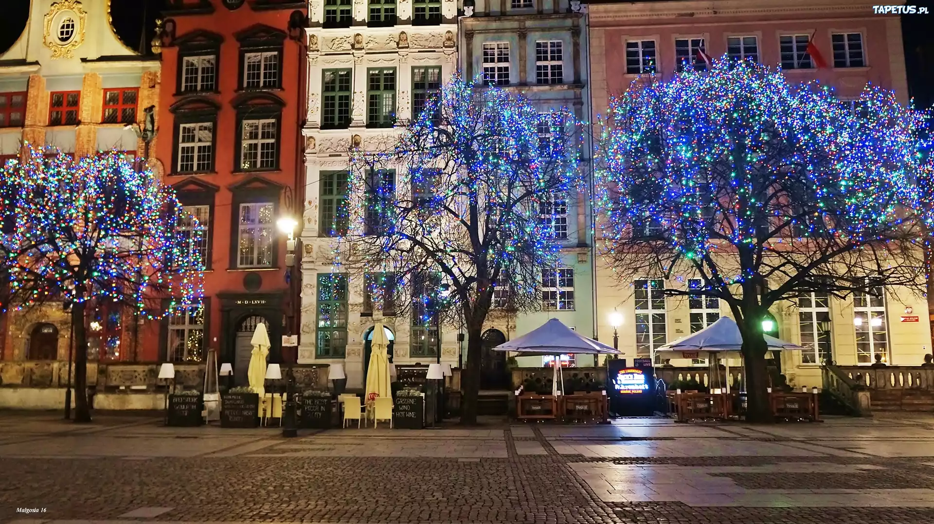 Miasto, Gdańsk, Noc, Kamienice, Drzewa, Lampki, Świąteczne