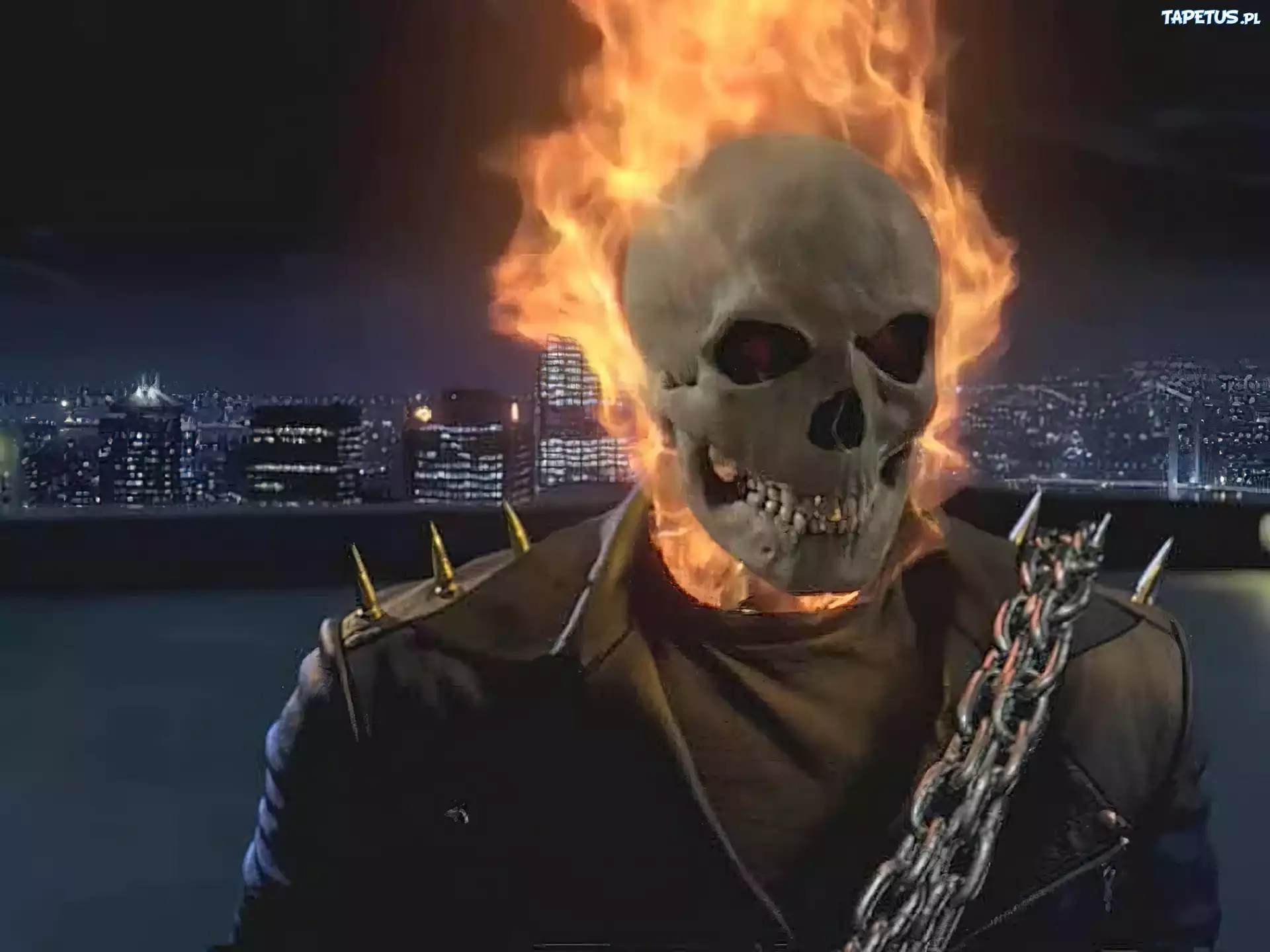 Ghost Rider, czaszka, ogień, wieżowce