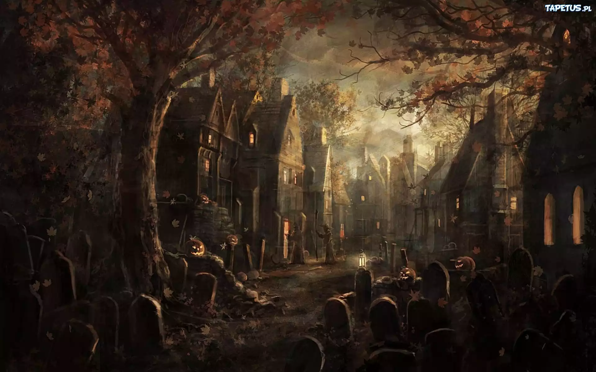 Domy, Drzewa, Jesień, Groby, Halloween