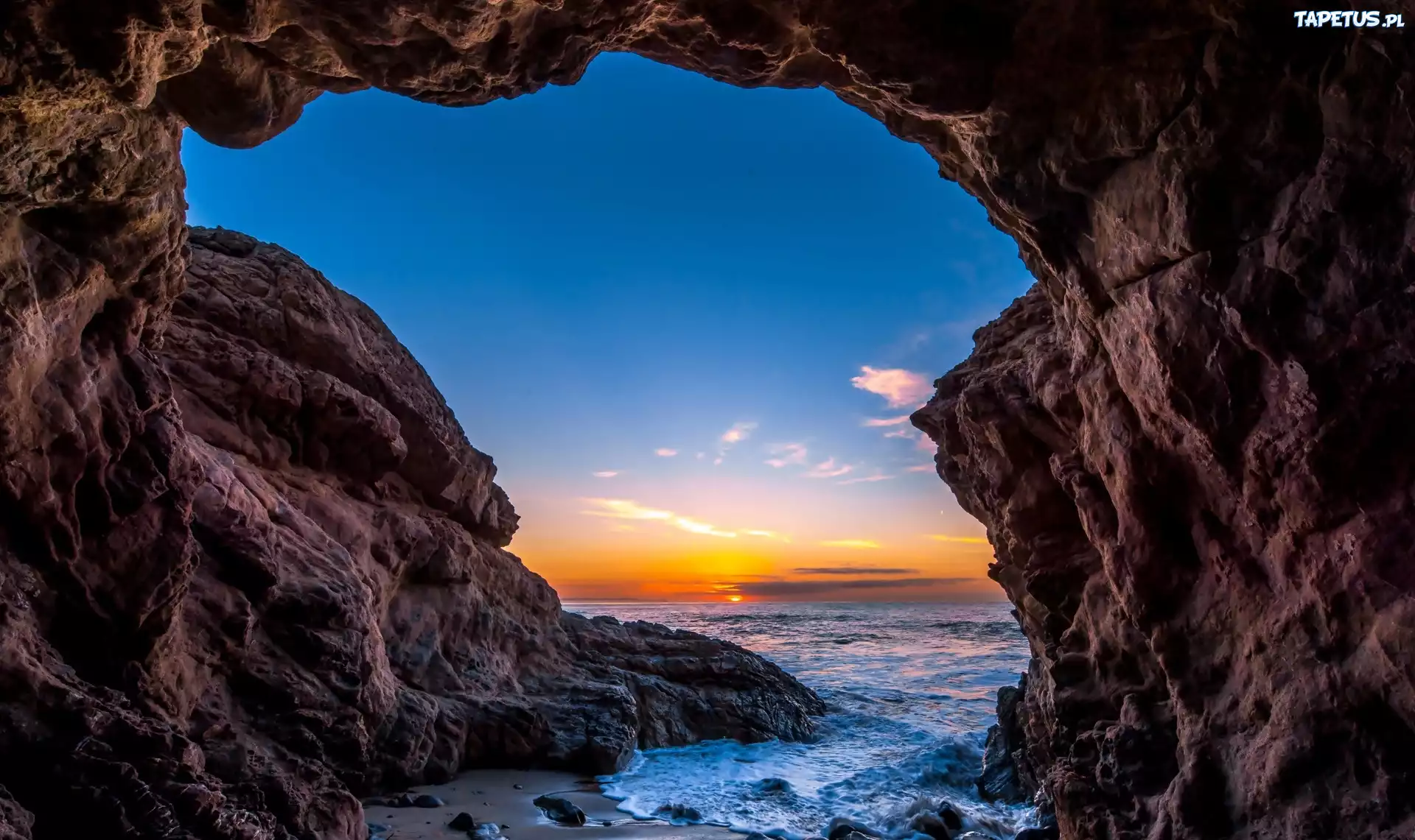 Jaskinia, Skały, Wybrzeże, Oceanu, Zachód, Słońca, Malibu, USA