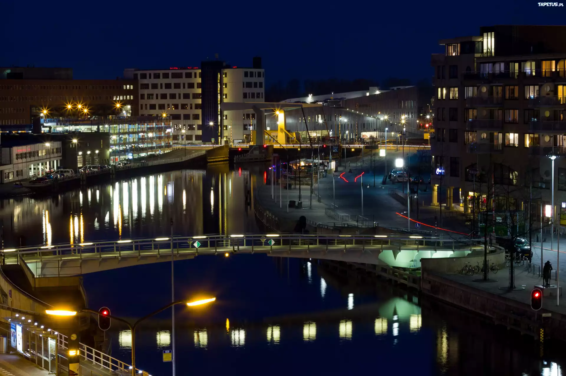 Alkmaar, Holandia, Miasto, Noc, Kanał