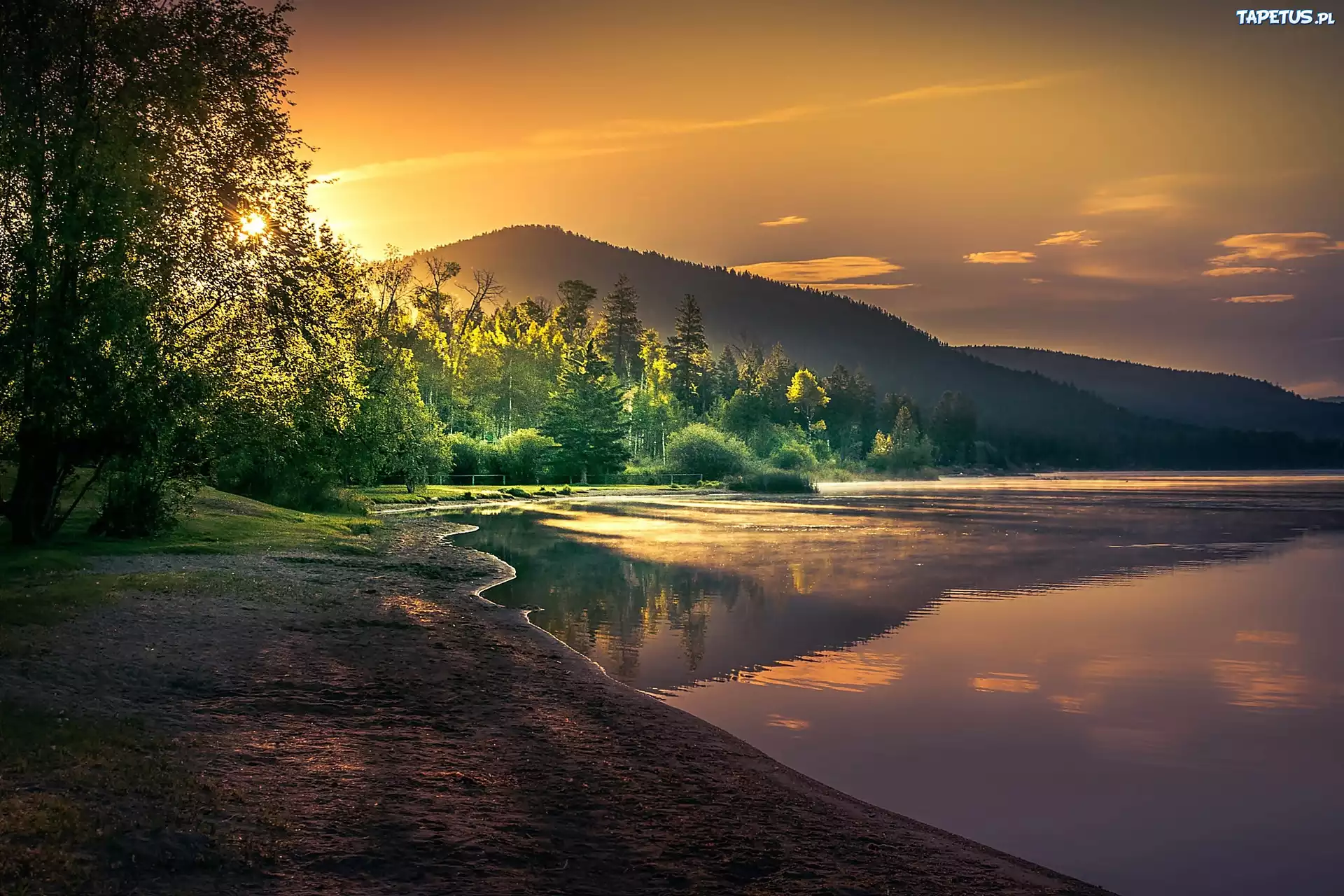 Góry, Jezioro, Zachód, Słońca, Drzewa