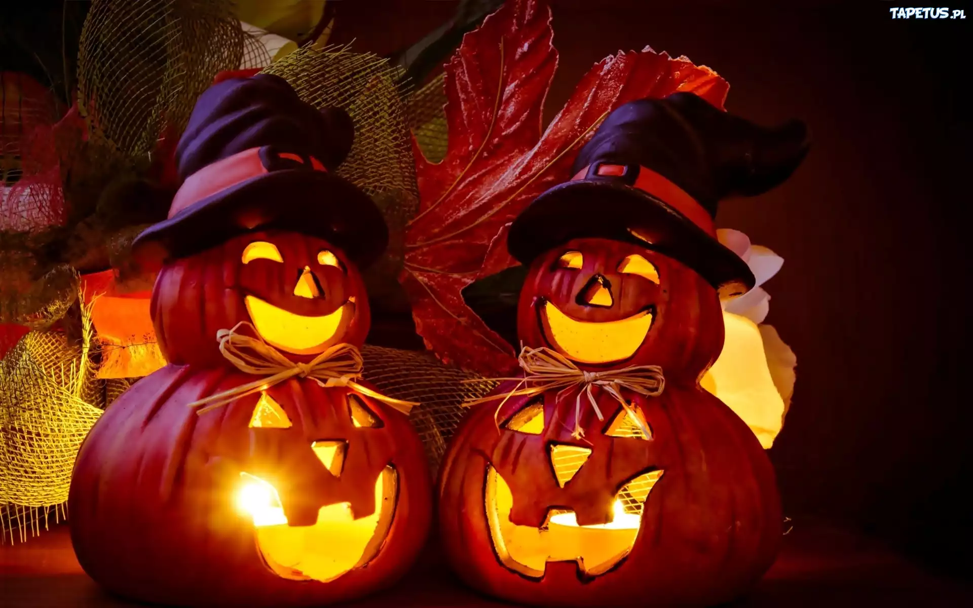 Halloween, Swiecące, Dynie, Kapelusze