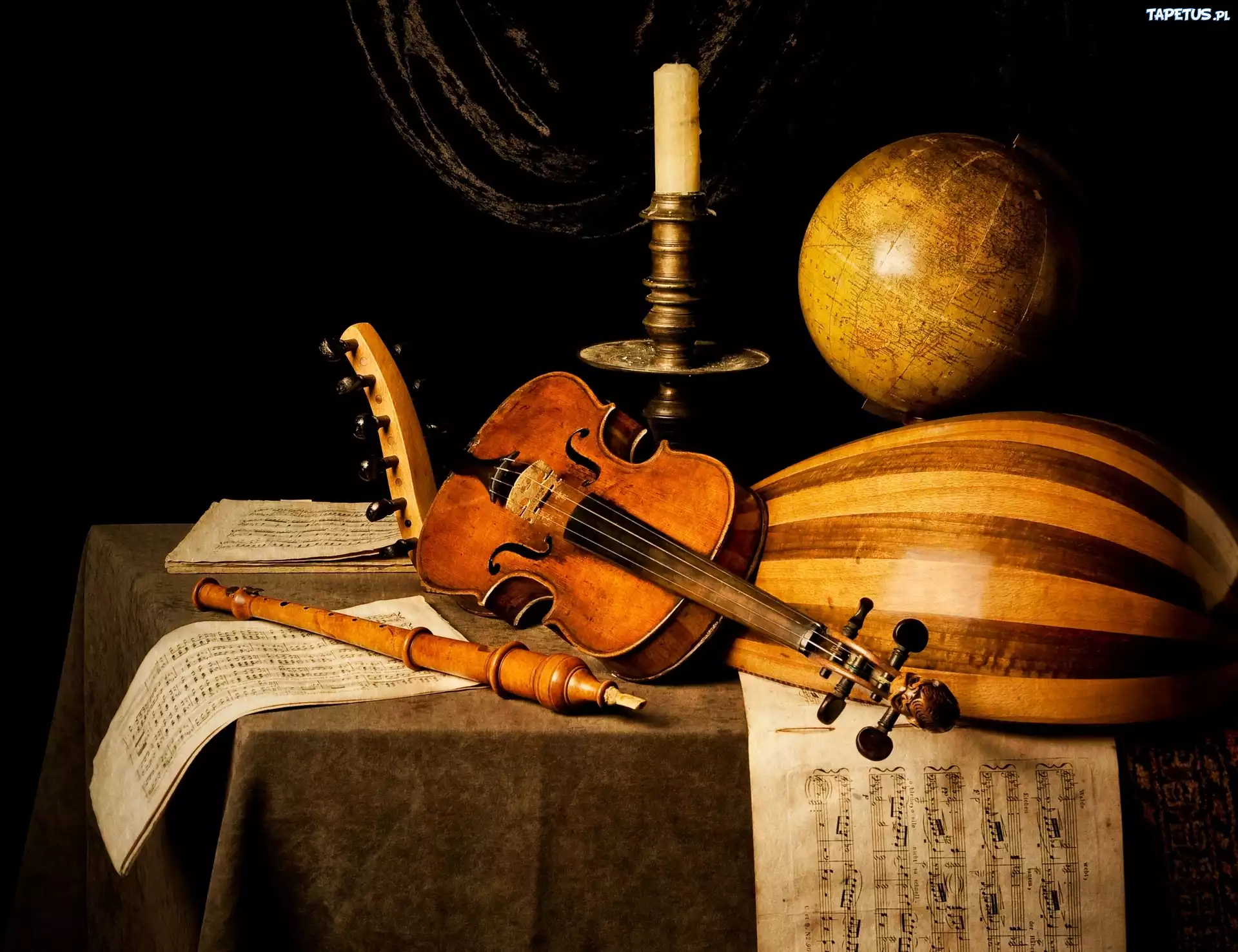 Instrumenty, Skrzypce, Bałałajka, Flet, Świecznik, Świeca, Nuty, Globus