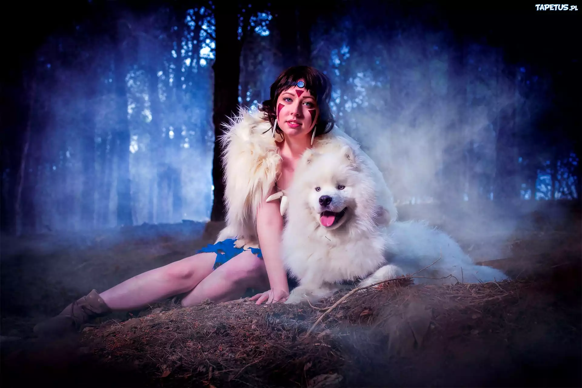 Kobieta, Pies, Samojed, Las