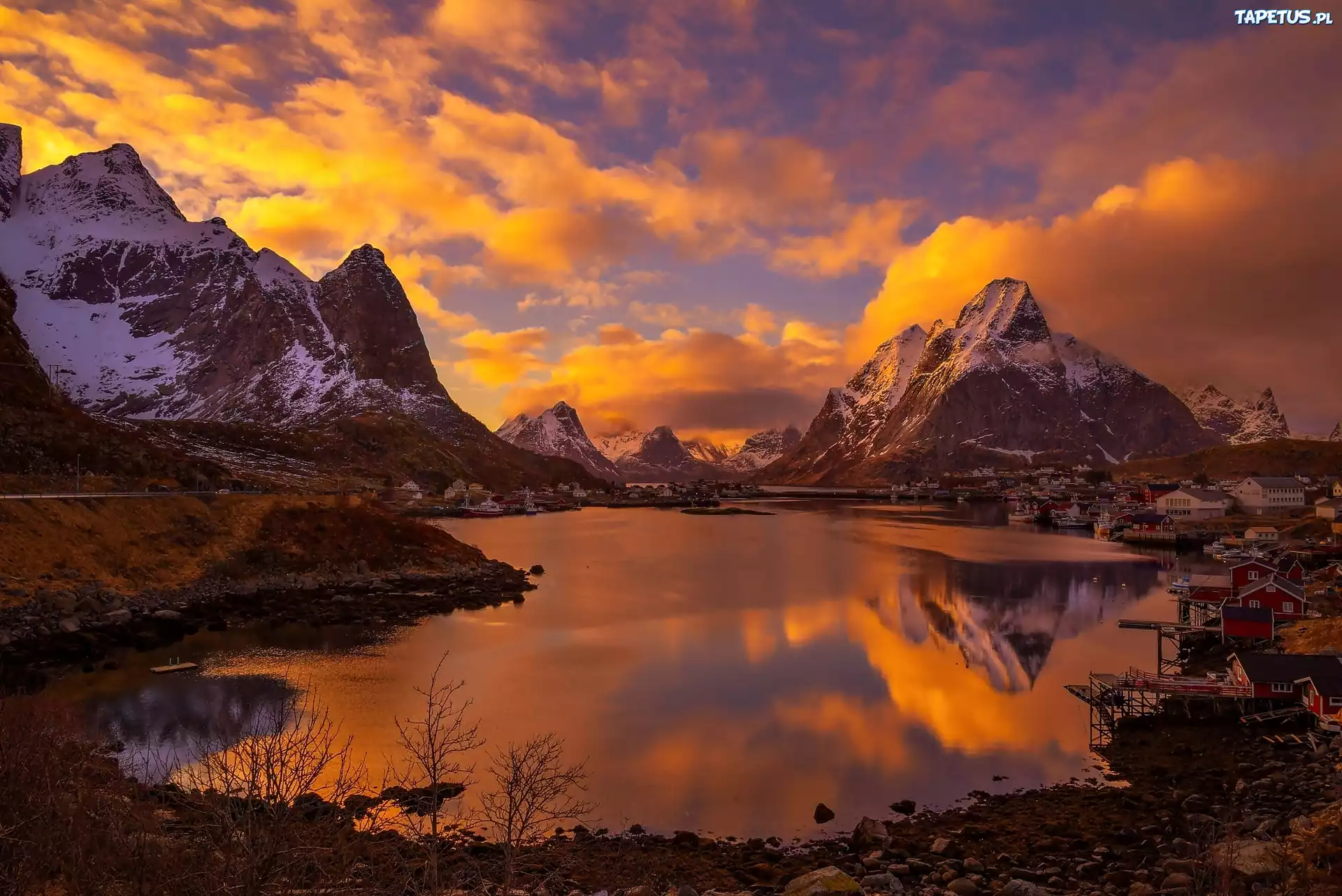 Norwegia, Chmury, Świt, Góry, Wioska Reine, Lofoty