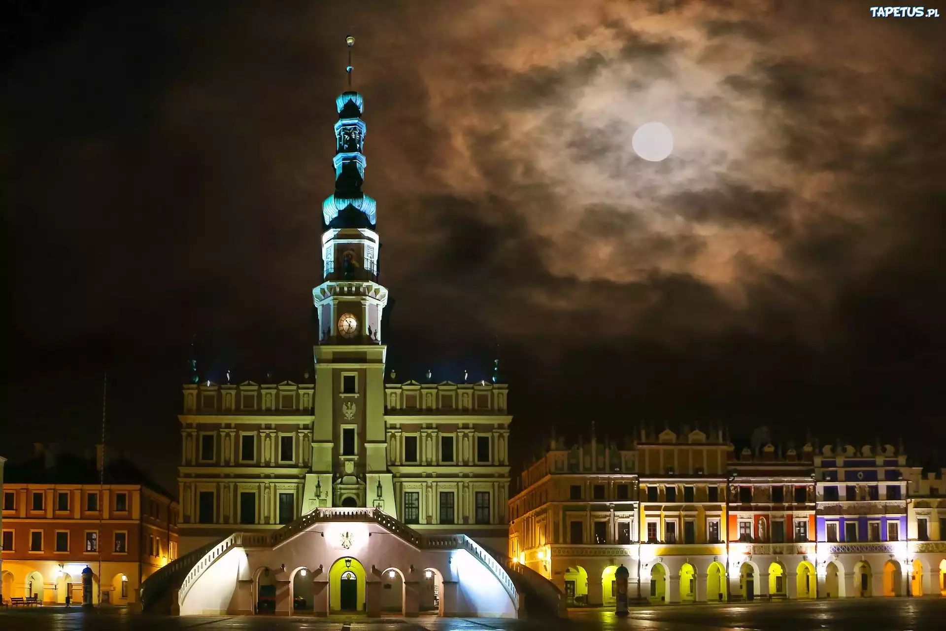 Zamość, Ratusz, Rynek, Noc, Neony