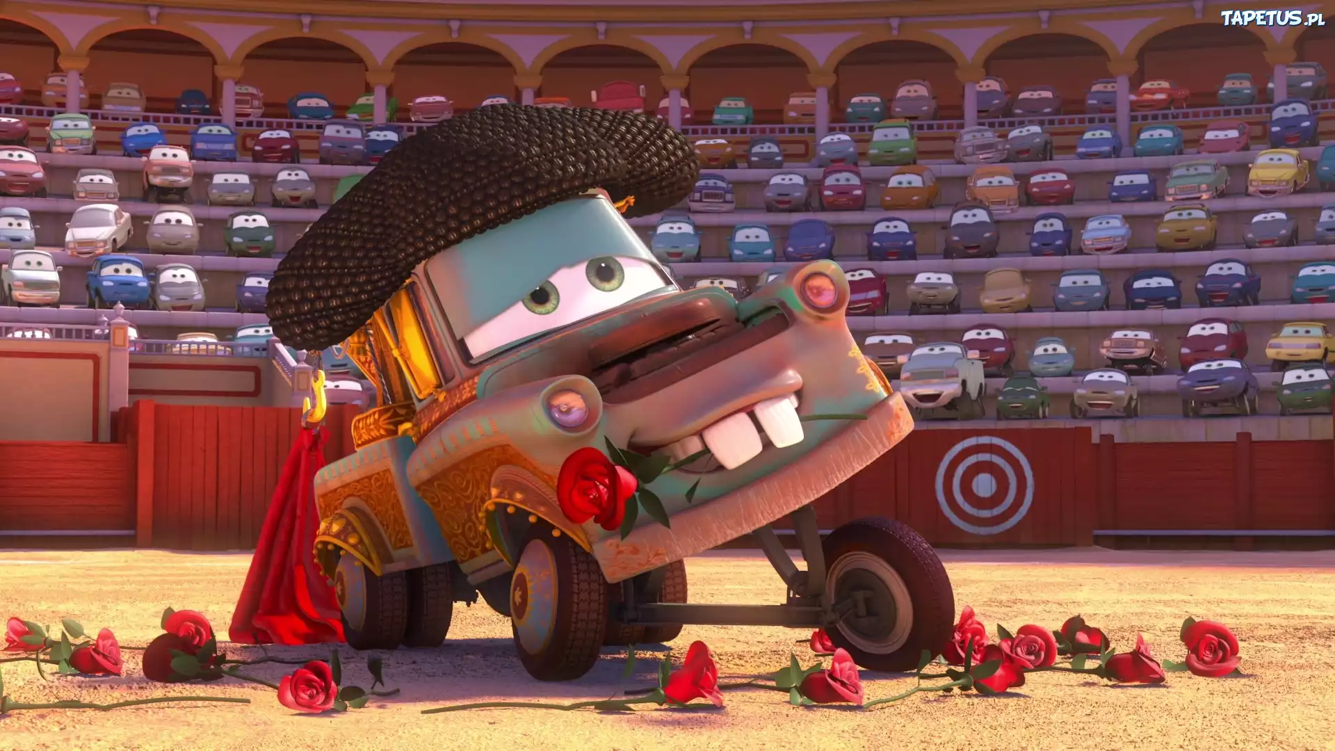 Film animowany, Cars 2, Arena, Róże, Autko, Trybuny