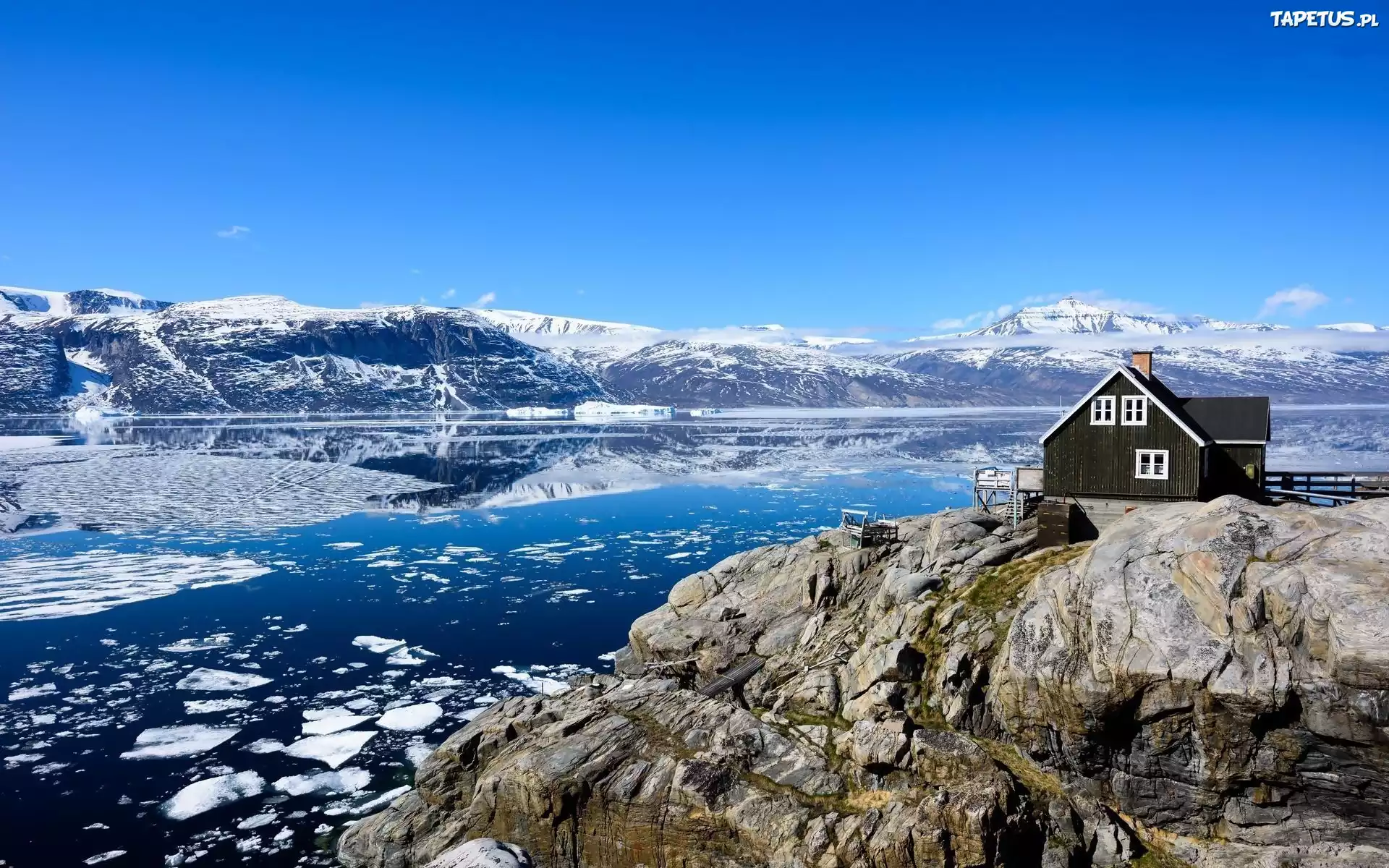 Wyspa Uummannaq, Grenlandia, Dom, Góry, Rzeka, Zima