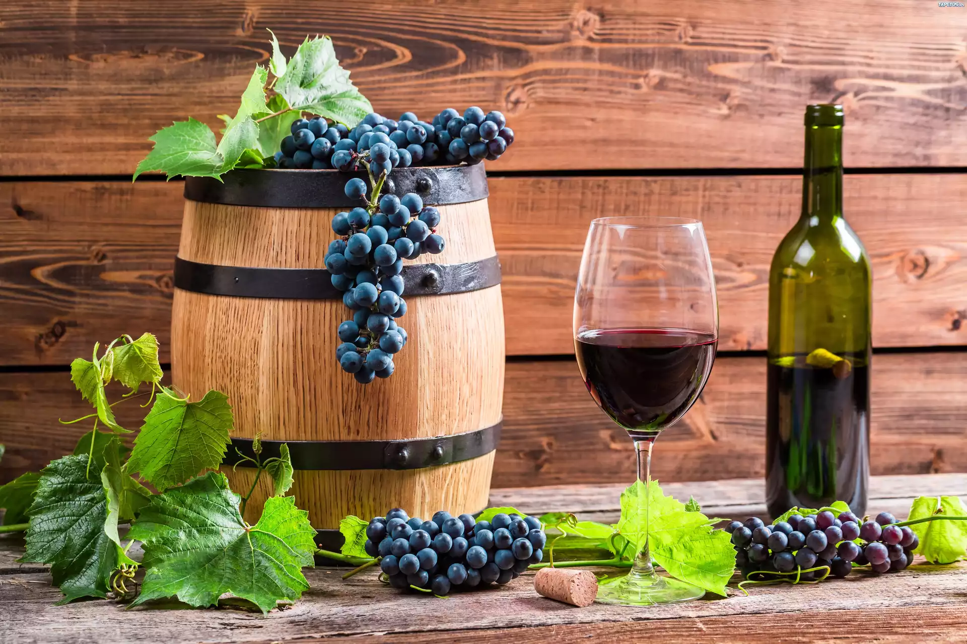 Winogrona, Beczka, Wino, Kieliszek, Butelka